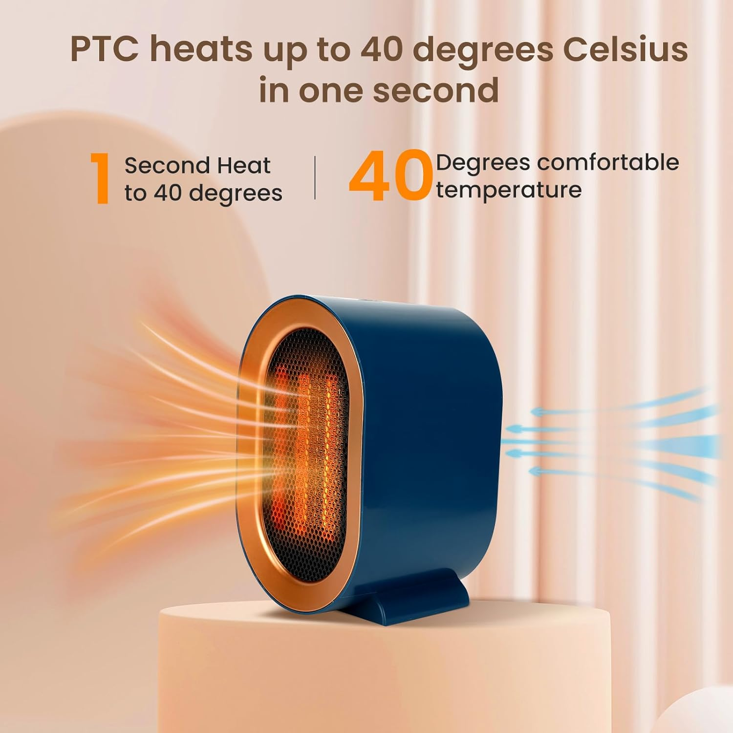 Space Heater for Indoor Use, 1200W Portable Heaters with Overheat & Tip-Over Protection, Small Electric Heater under Desk, 1S Quick Heating Space Heater for Indoors Bedroom, Office Desk, Home-Blue