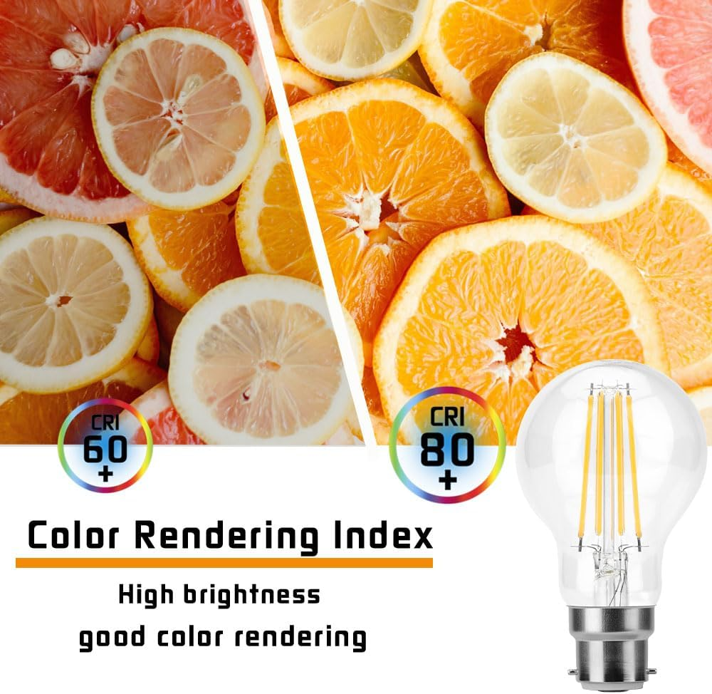 Geminilite B22 LED Light Bulbs Bayonet, Vintage Filament LED 8W = 80W Incandescent Replacement, A60 B22 2700K Warm White LED Bayonet Retro Filament Lamps, Not Dimmable, 6 Pack