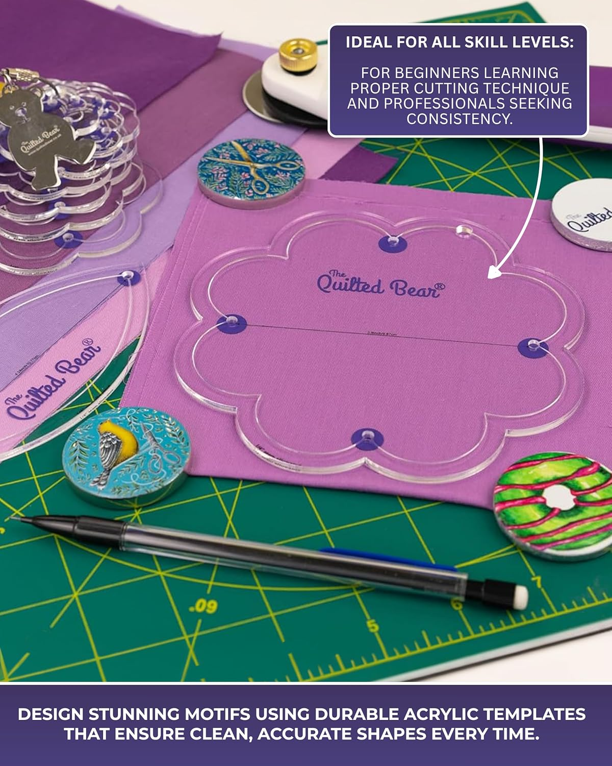 The Quilted Bear Diamond Quilting Templates - Set of 8 Non-Slip Clear Acrylic Templates for Quilting, Patchwork, Dressmaking and Sewing (3/4 Inch - 3 Inches)