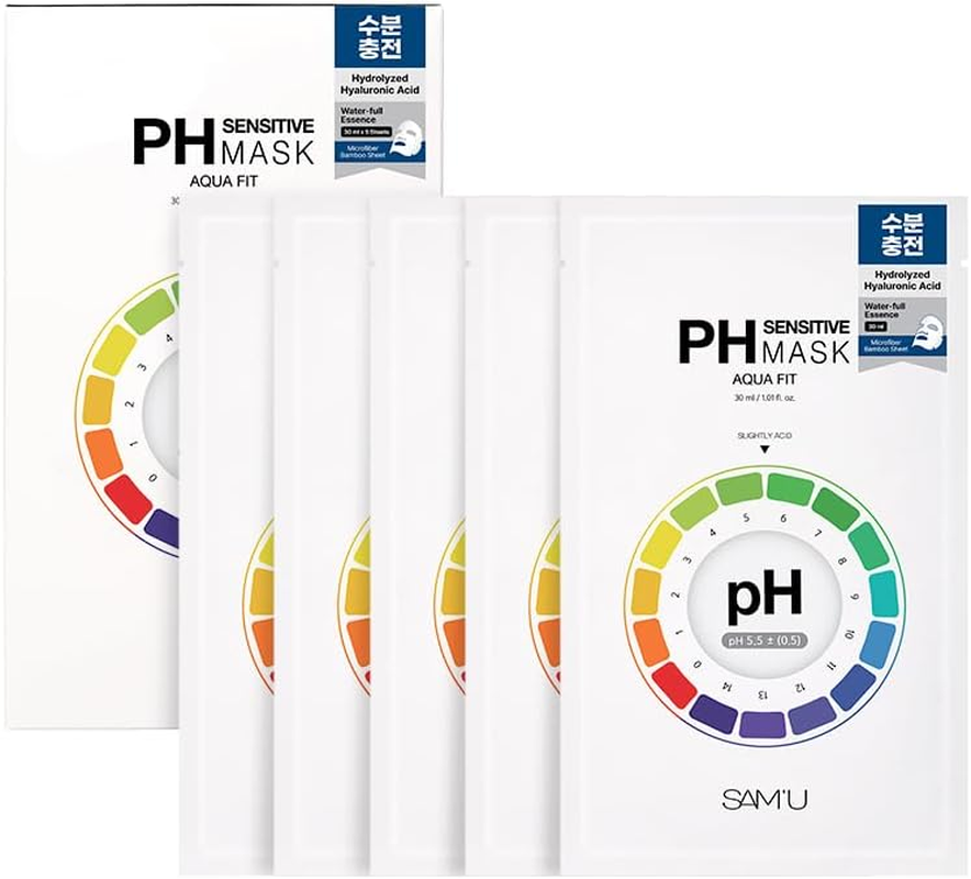 SAM&rsquo;U PH Sensitive Aqua Fit Face Mask &ndash; Hydrating & Soothing Vegan Sheet Mask with Hyaluronic Acid and Panthenol, Bamboo Fiber, Travel-Friendly Korean Skincare (5 Sheets)