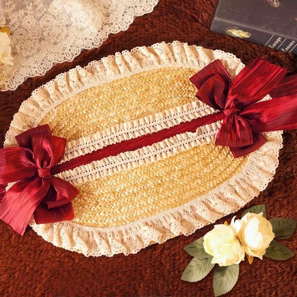 Girls Women Victorian Lolita Flat Bonnet Cap Tea Party Sun Hat Lace Bows Flower Ribbons Straw Hats image number 3