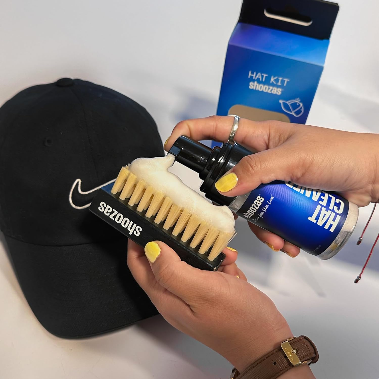 Shoozas Hat Cleaner Kit - Includes Foam Cleaner and All-Purpose Brush, No Water Needed, Quick Dry, Non-Toxic, Safe for All Hat Types and Materials image number 2