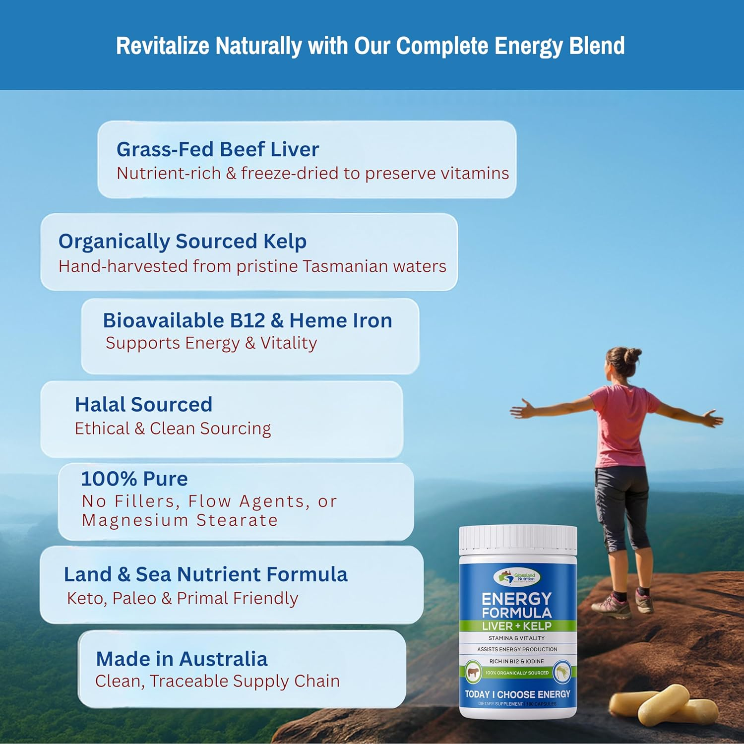 Grass Fed Beef Liver with Wild Harvested Kelp 100% Organically/Halal Sourced 2-IN-1 Energy Formula &mdash; Natural B12, Iodine, Iron & Vitamin a (180 Capsules) image number 3