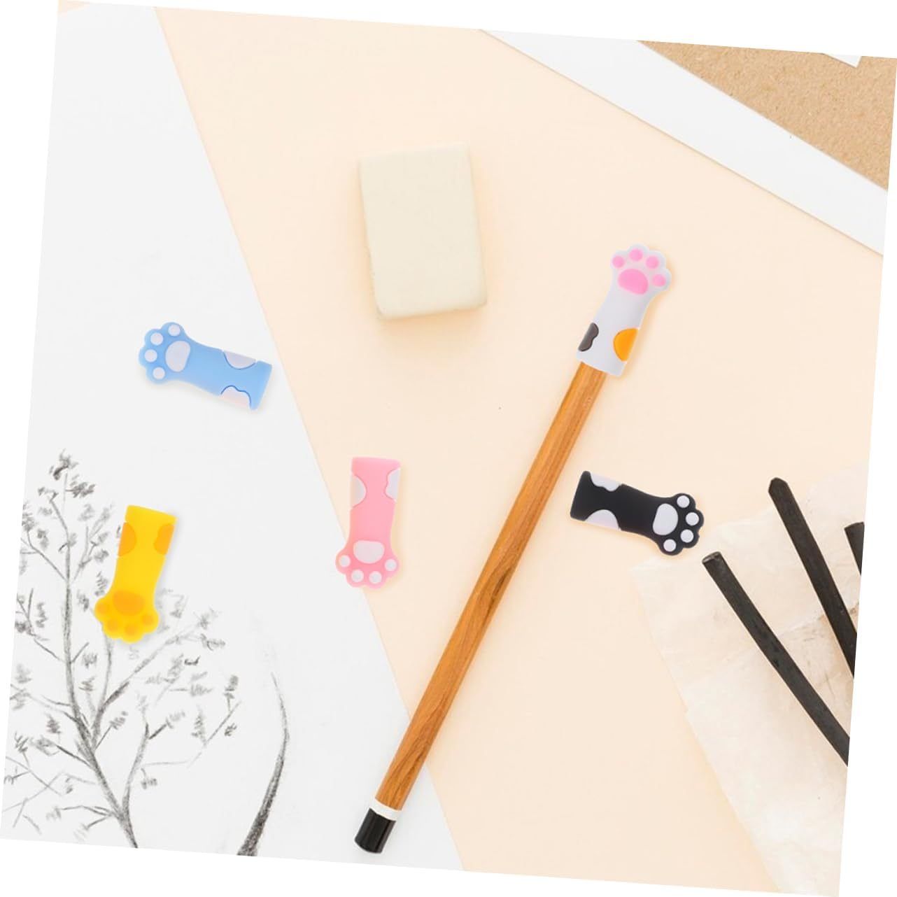 COHEALI 12 Pcs Wooden Pencil Tip Protectors, Cat Shaped Silicone Pencil Caps Toppers for School and Office image number 6