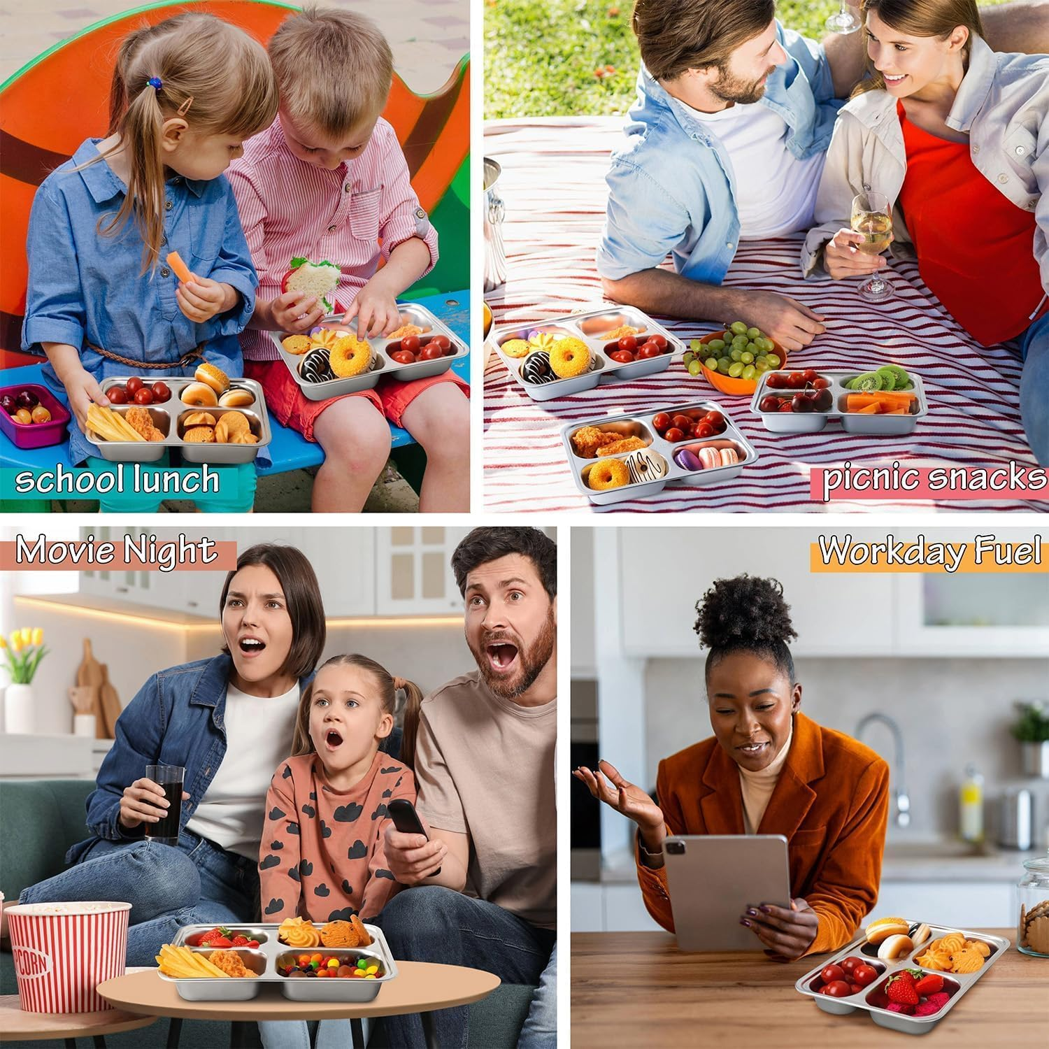 Stainless Steel Snack Containers with Lids-4 Compartments Bento Snack Boxes-Reusable Meal Prep Lunch Containers for Kids Adults - Ideal for School, Office & Outdoor - Dishwasher Safe（3Pack） image number 5