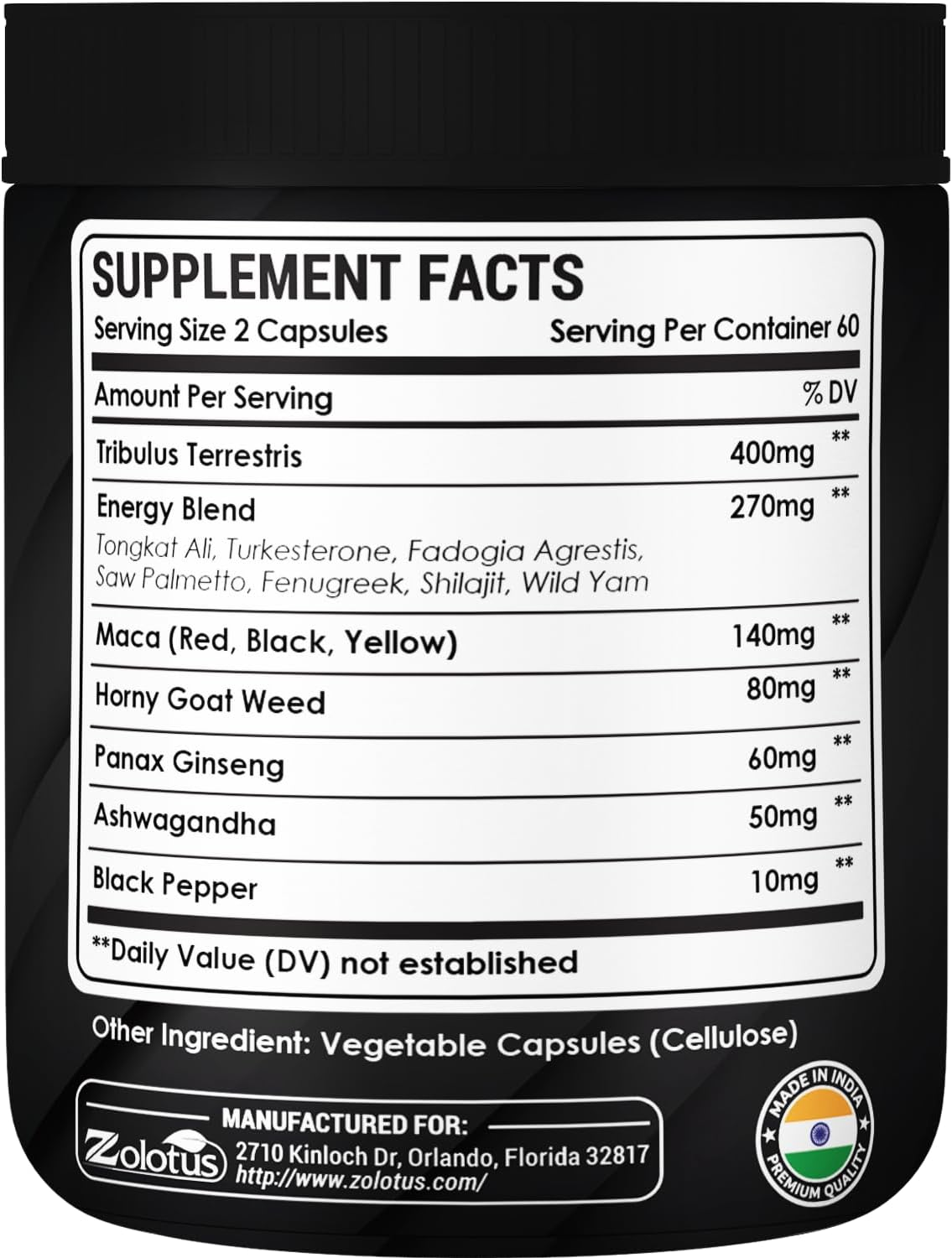 Zolotus 13In1 Tribulus Terrestris Capsules with Maca, Horny Goat Weed, Panax Ginseng, Saw Palmetto, Tongkat Ali, Shilajit & More - 120 Counts