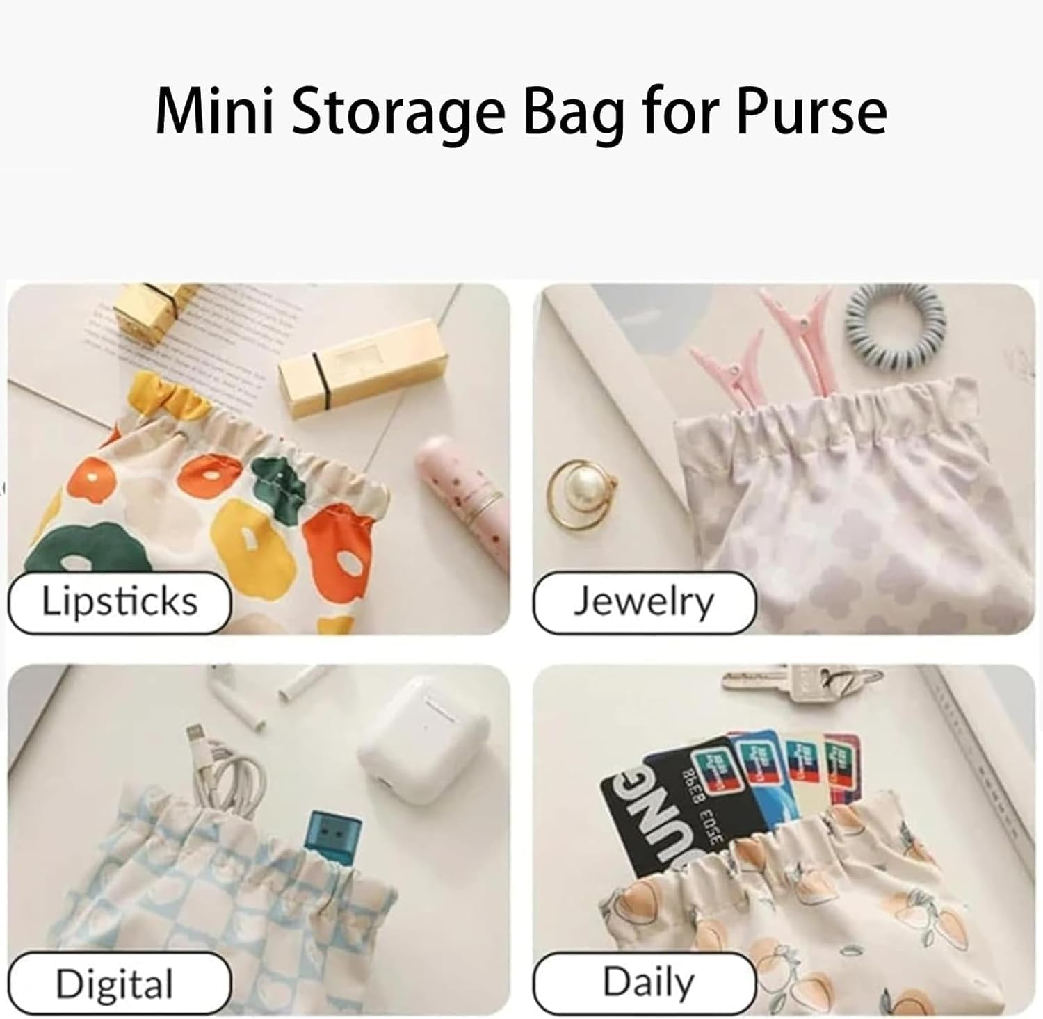 Portable Mini Storage Bag for Purse, 2Pcs Portable Mini Storage Bags, Mini Portable Storage Bags, No Zipper Self-Closing Portable Mini Travel Makeup Bags Accessories Organizer
