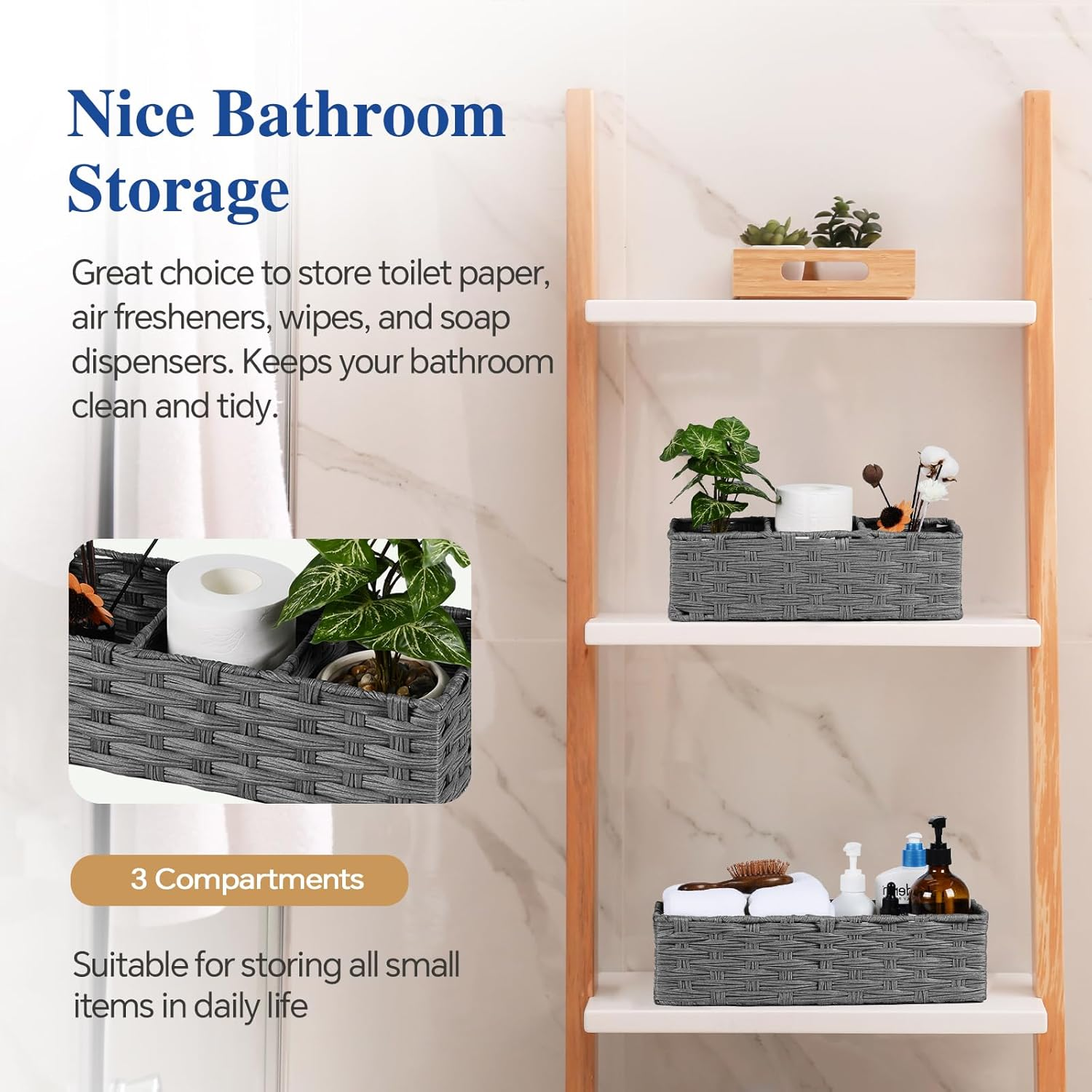 Wicker Basket for Toilet Paper Storage, 2-Piece Bathroom Organizer Set for Shelves, Pantry & Home Decor, Space-Saving Rectangular,15.5&times;6.3&times;4.3 Inch (Gray) - Gray image number 5