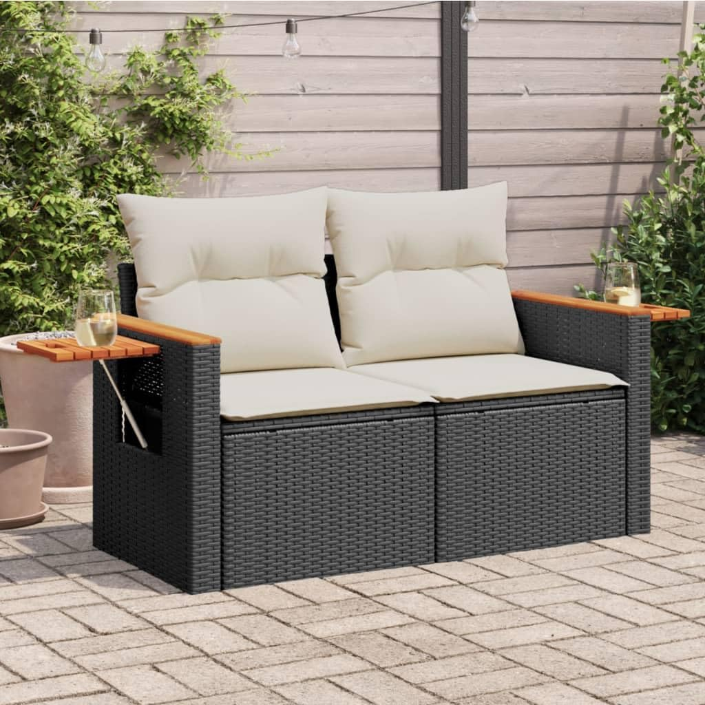 Vidaxl Garden Sofa/Couch W Cushions - 2-Seater Black PE Rattan, Steel & Acacia Wood - Outdoor Patio/Deck Furniture - 124X62X69 Cm with Storage & Side Table image number 1