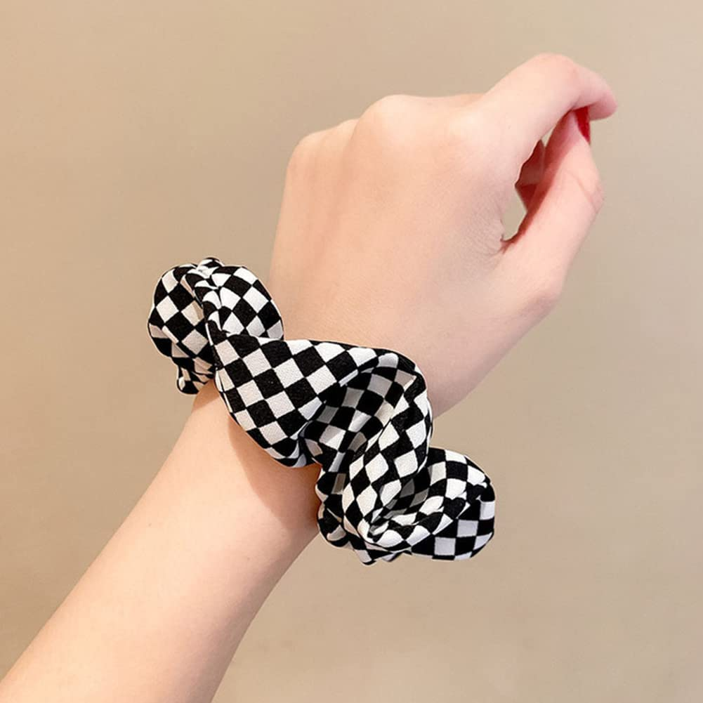 Checkered Scrunchie Buffalo Plaid Scrunchies Checkboard Elastic Hair Ties for Women Girls Checkered Accessories Black and White Scrunchies Ponytail Holders image number 2