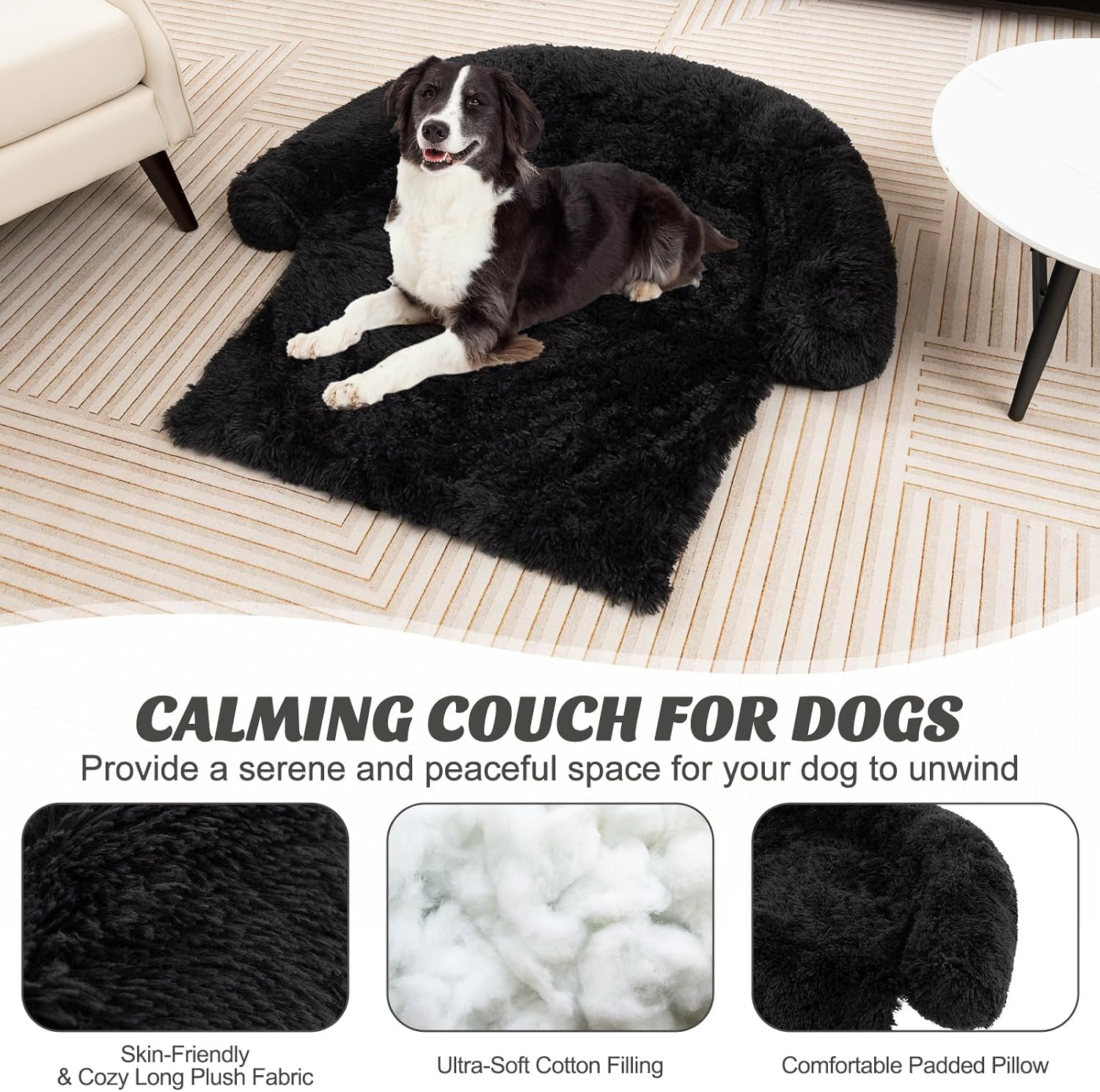 Costway Plush Calming Dog Couch Bed, Dog Sofa Bed for Furniture Protector W/Anti-Slip Bottom, Detachable Washable Cover, Soft Neck Bolster, Plush Mat for Small/Medium/Large Dogs & Cats (Black-M) - Black-S image number 3