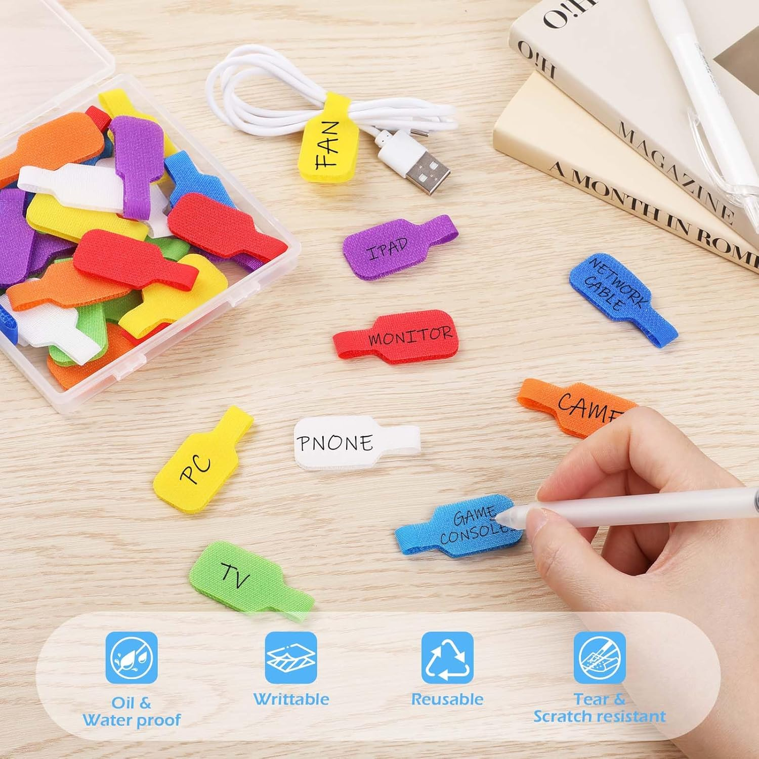 40 Pcs Cable Cord Labels, Hianjoo Self Adhesive Cable Tags Colorful Wire Identification Label Reusable Write-On Name Tags for Organizing Wires 8 Colors Multiple Uses image number 4
