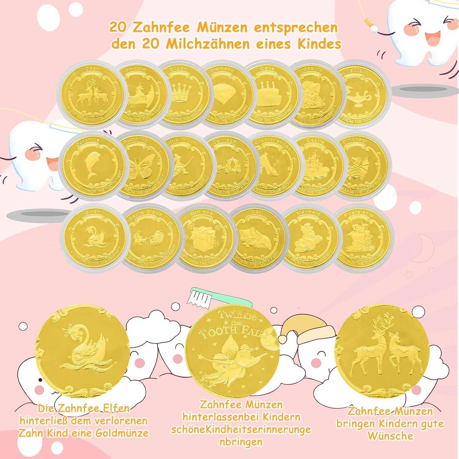 Pack of 20 Tooth Fairy Gold Taler with Various Patterns - Lost Tooth Children'S Gifts, Commemorative Coins, Souvenir - Gift Ideas for Boys image number 4