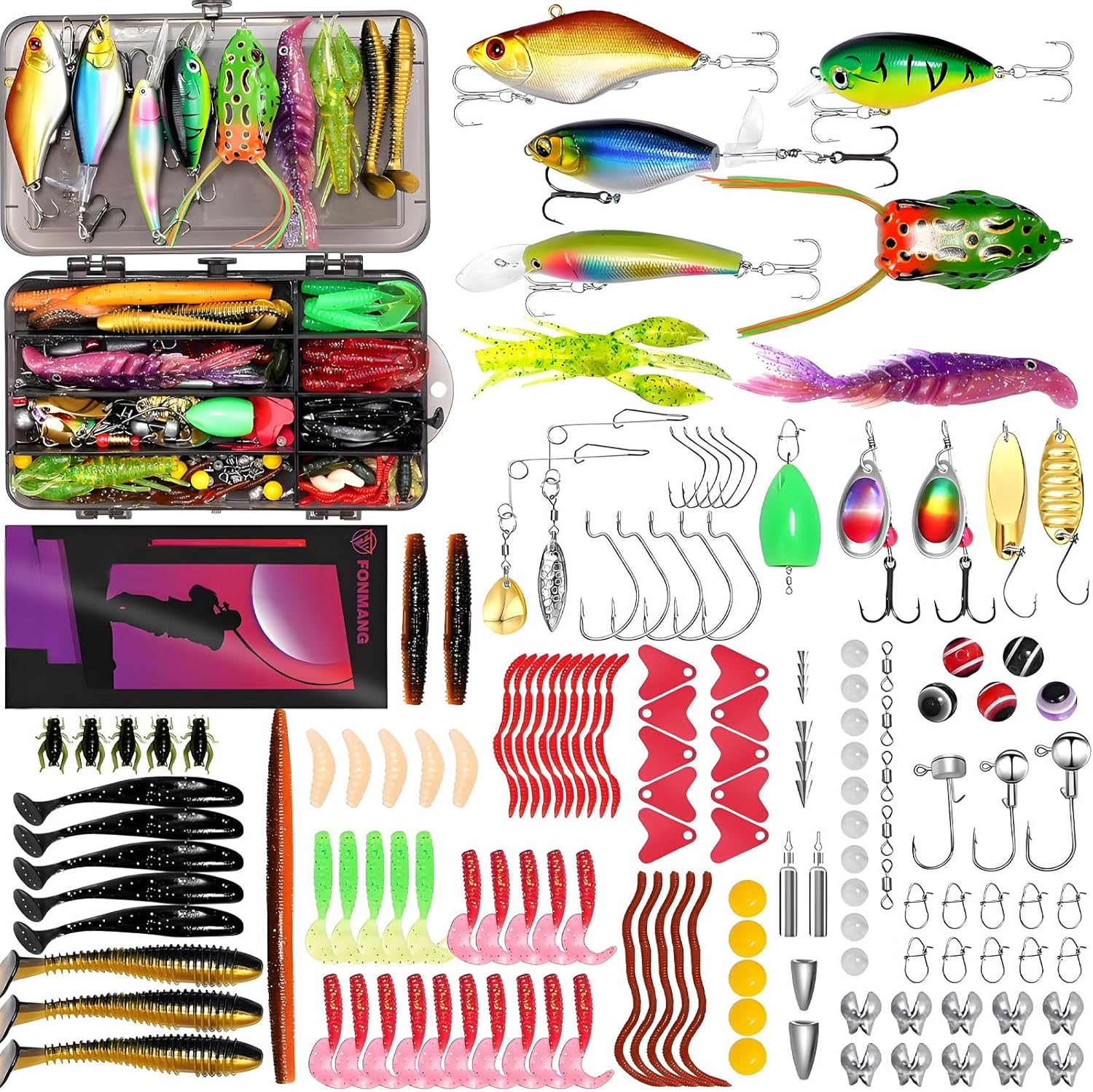 Fishing Lures Kit with Soft Plastic Baits, Swimbait Crankbait Topwater Frog Lure for Bass Trout, Freshwater Saltwater Fishing Gear Set (164-Piece) image number 5