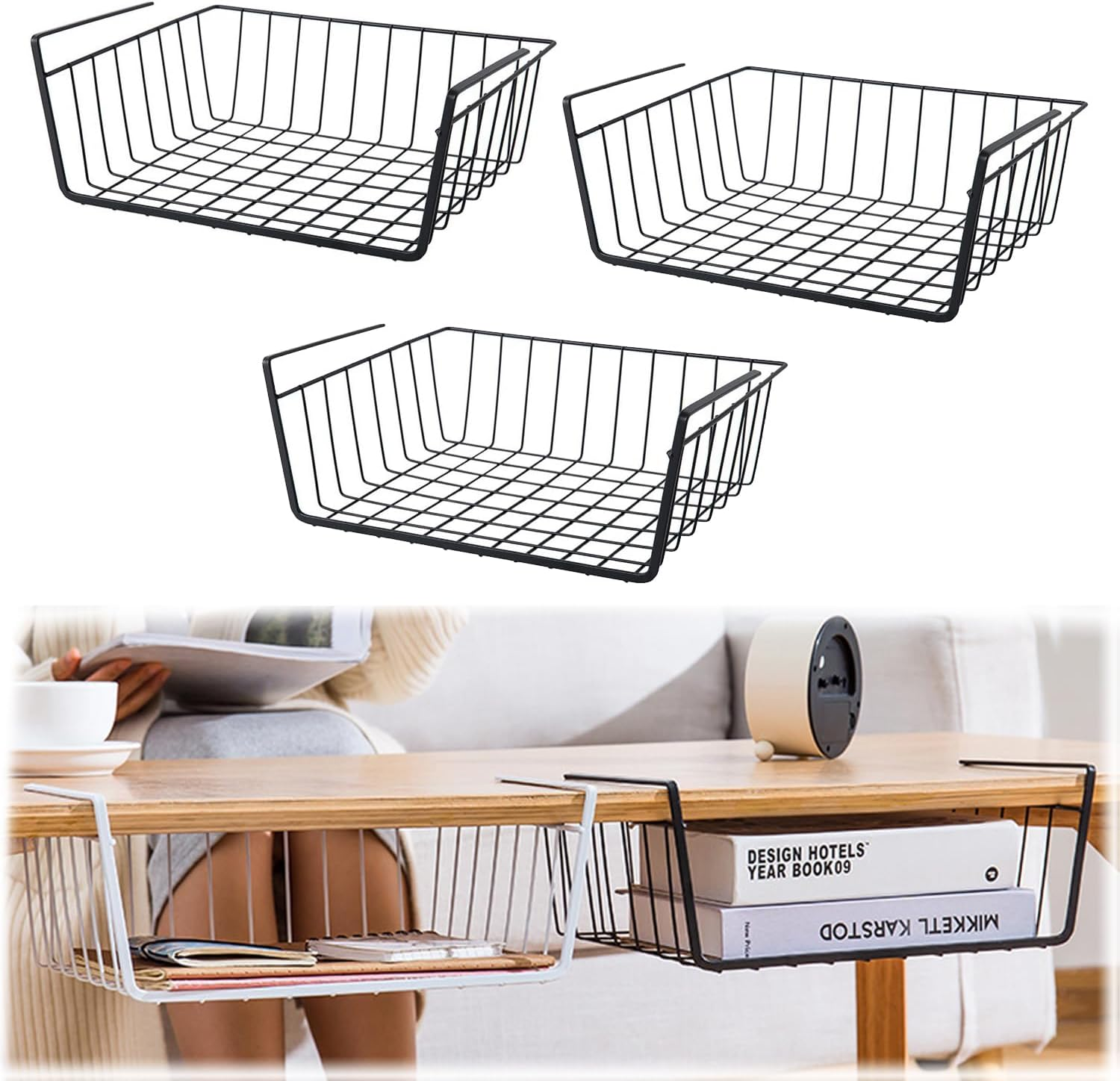 Xinghonyac 3 Pcs under Shelf Basket, under Shelf Storage Basket, Dormitory & Office Desk Kitchen Storage Rack Multifunctional Hanging Basket for Kitchen, Bedroom, Closet, Pantry (Black) image number 6