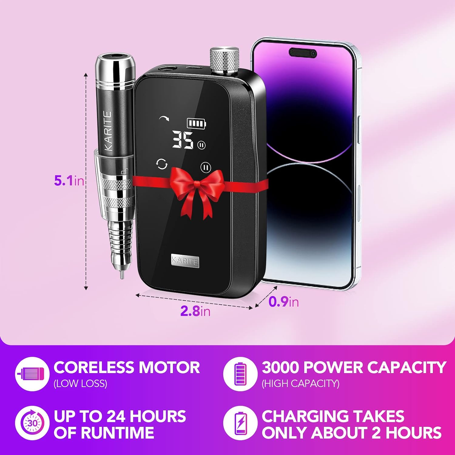 Karite Nail Drill for Acrylic Nails Professional, 35000RPM Portable File, Electric Machine 24H Working Time, Coreless Motor and 12 Bits, Art Manicure Pedicure, Low Noise, Bright Black image number 3