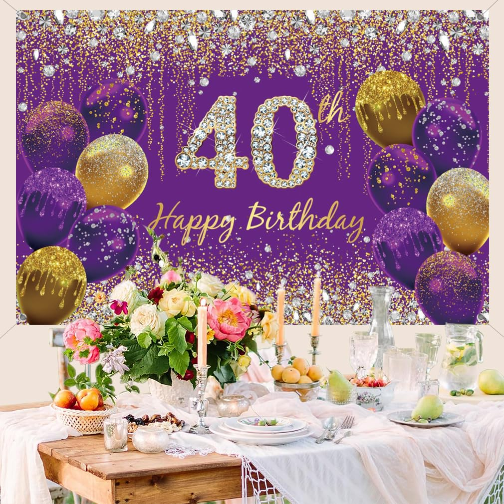 40Th Birthday Decoration Women, Purple Fabric Sign Poster Birthday Party Decoration Background Banner Women, 40Th Birthday Party Decoration, 59"X35.4" image number 1