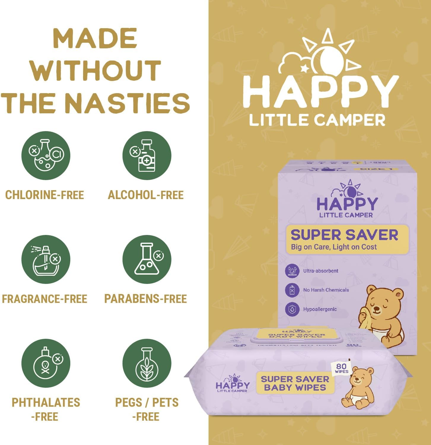 Happy Little Camper Super Saver Baby Wet Wipes, 240 Count (3 Packs of 80 Wipes), 99% Water, Totally Chlorine Free Baby Wipes Suitable for Sensitive Skin image number 6