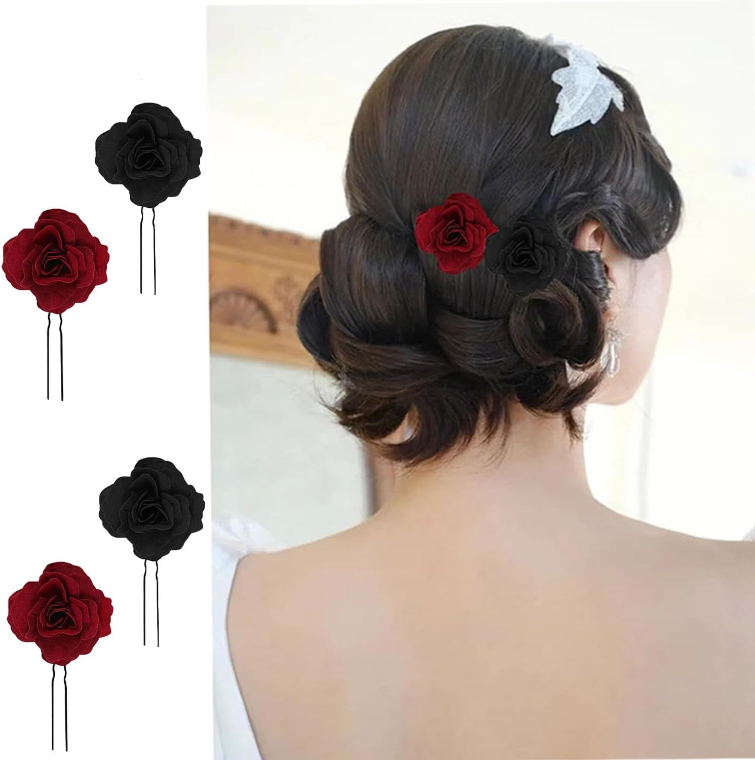 8 Pieces of Red Rose Flower Clips, Flower Hair Clips, Rose Hair Accessories, Wedding Rose Hair Clips, Handmade Rose Hair Clips, Suitable for Parties, Weddings, Dances (Burgundy + Black) image number 3
