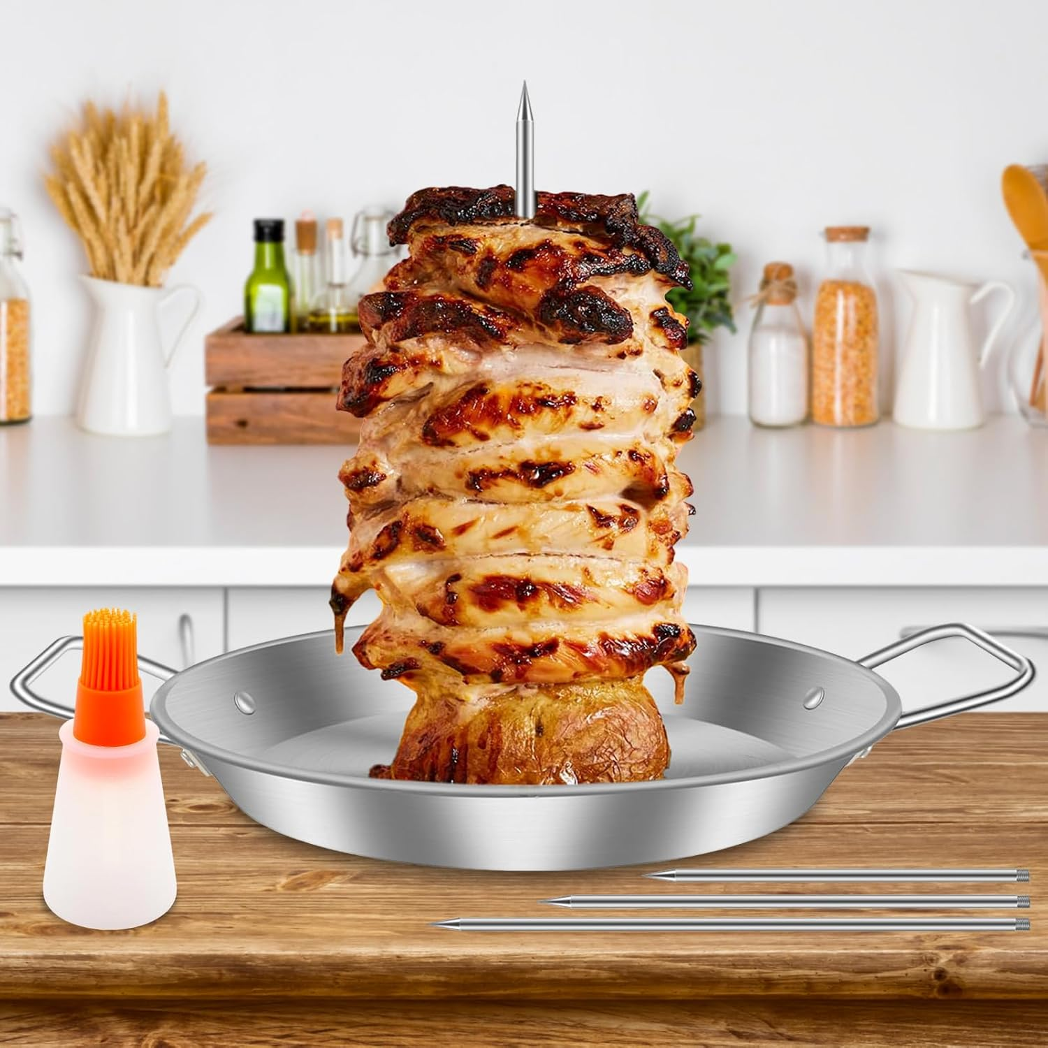 HSHGZSR Stainless Steel Brazilian Vertical Spit Stand Vertical Skewer Skewer for Grill Vertical Skewer Stand with 3 Removable Spikes 8/10/12 Inch and Oil Brush for Tacos Kebabs image number 1