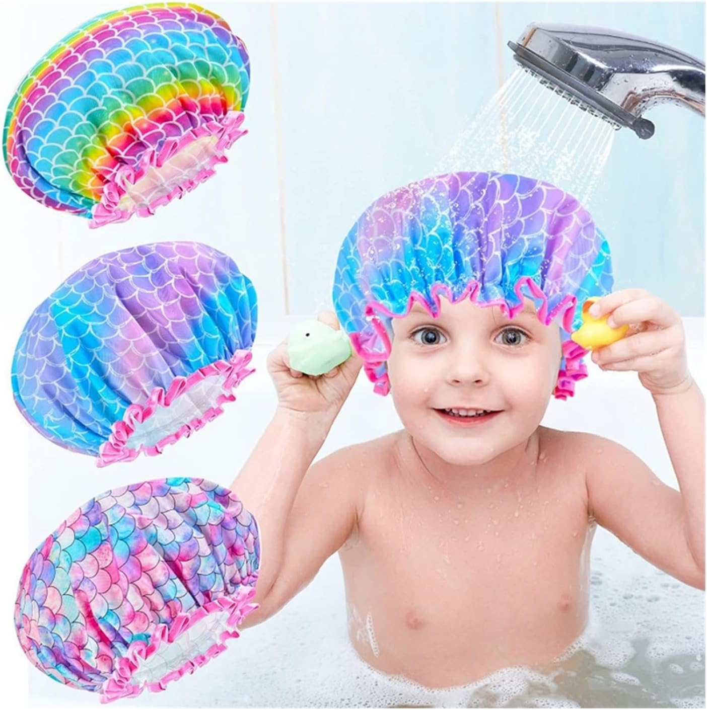 3 Pack Kids Shower Caps &ndash; Waterproof Reusable Hair Caps for Girls & Toddlers, Oversized Adjustable PE Bath Caps with Cute Design for Children and Women