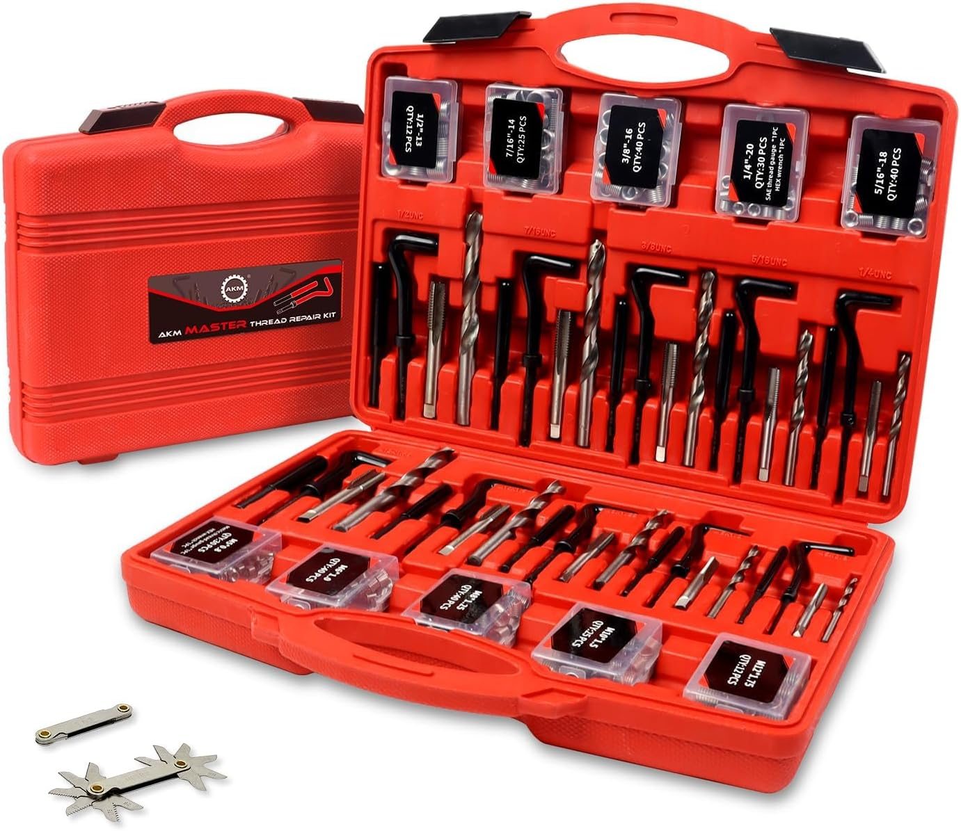 AKM 338Pc Thread Repair Kit, HSS Drill Helicoil Repair Kit Sae&Metric，1/4" 5/16" 3/8" 7/16" 1/2" M5 M6 M8 M10 M12 Kit with Thread Gauge image number 6