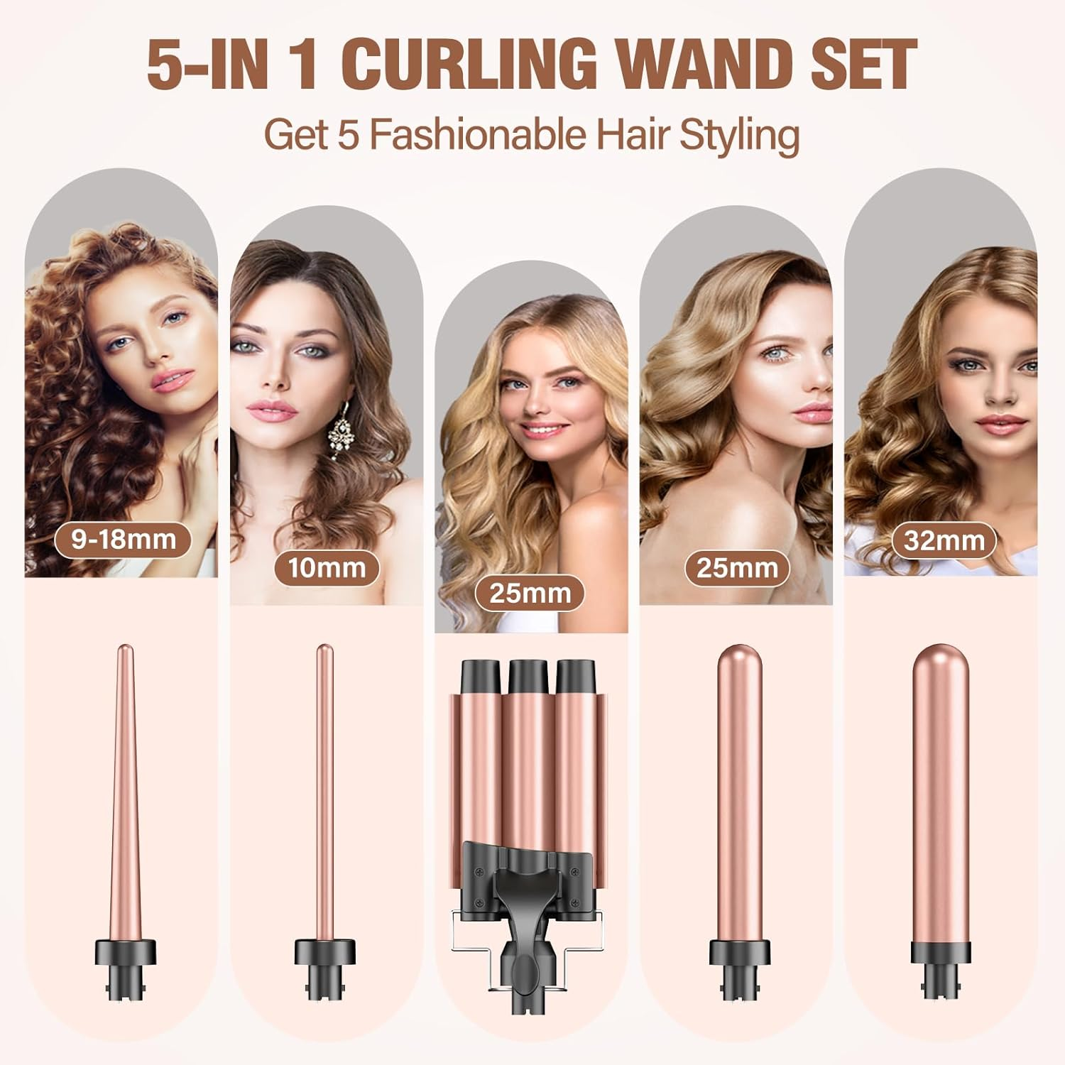 BESTOPE PRO Curling Iron Set 5 in 1 3 Ceramic Barrels for Large Curls and Waves Fast Heating, 2 Temperature Levels, Curlers with Glove and 2 Clips, Anti-Frizz Double Voltage image number 1