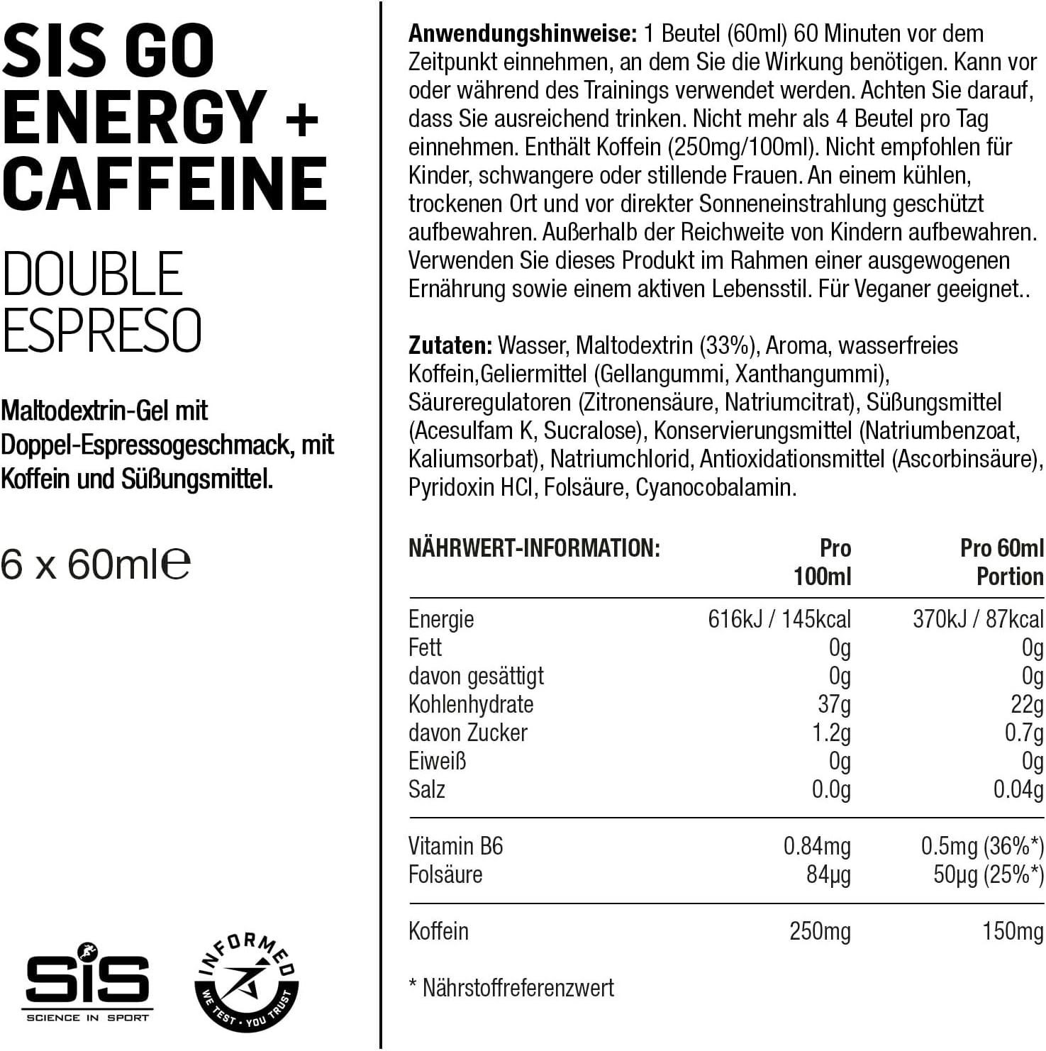 Science in Sport GO Isotonic Energy Gels, 150Mg of Caffeine, Running Gels with 22G Carbohydrates, Low Sugar, Double Espresso Flavour, 60Ml per Serving (6 Pack) image number 5