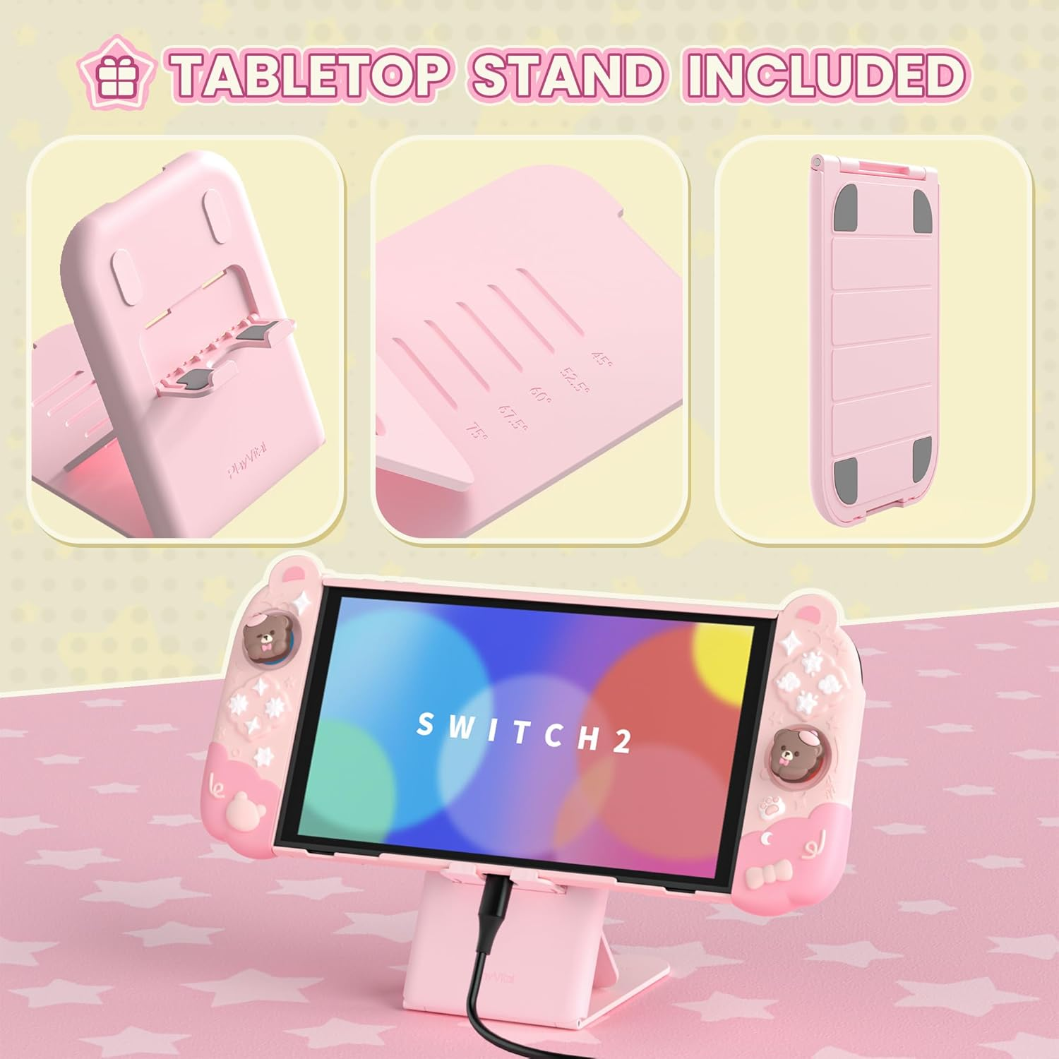 Playvital Good Night Bear Dockable Protective Case for Nintendo Switch 2 - Detachable Silicone Joycon Grips & Shockproof Back Cover with Cute Bear Thumbs Caps | Pink - Pink image number 6