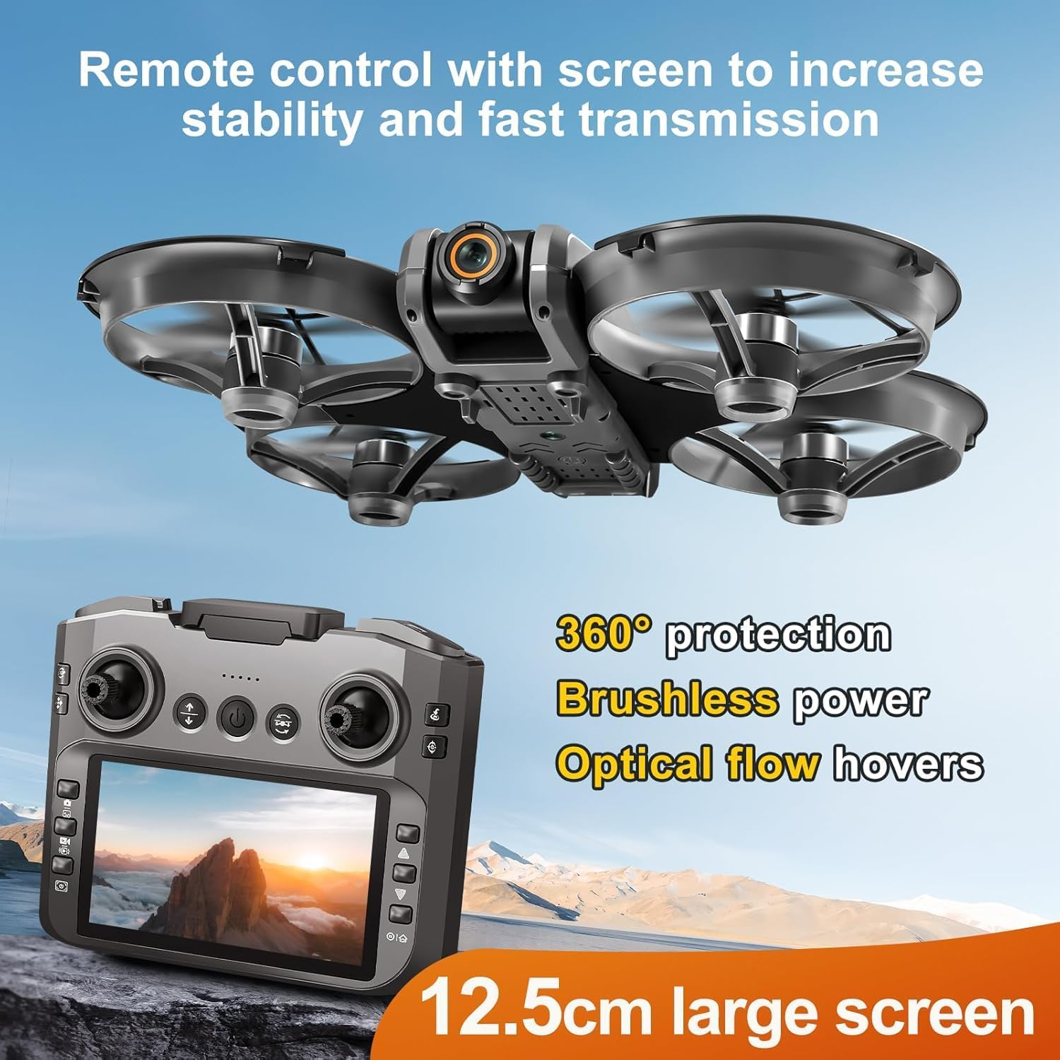 B-Qtech Drone with LCD Screen Remote, Brushless Motor Drone with Dual Cameras (Electric Angle Adjustment), Optical Flow Positioning, 6CH Gyro, WIFI FPV, True 12-15Min Flight (1800Mah), 3 Speeds, Headless Mode, LED Lights, USB Rechargeable