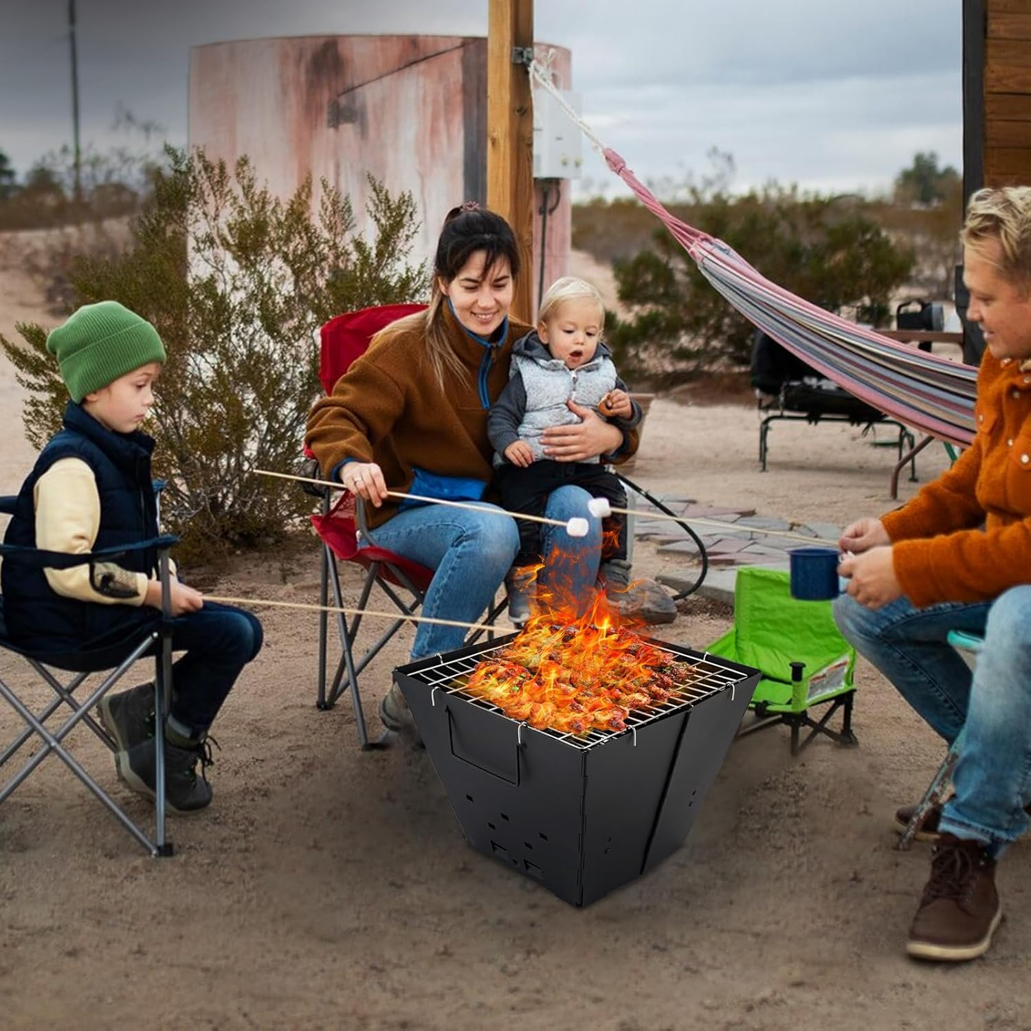 Portable Camping Fire Pit with Top Grill, 2 in 1 Small Folding Wood Burning Camping Campfire Grill with Carry Bag for Outdoor Cooking, Bonfire, Patio, Backyard image number 1