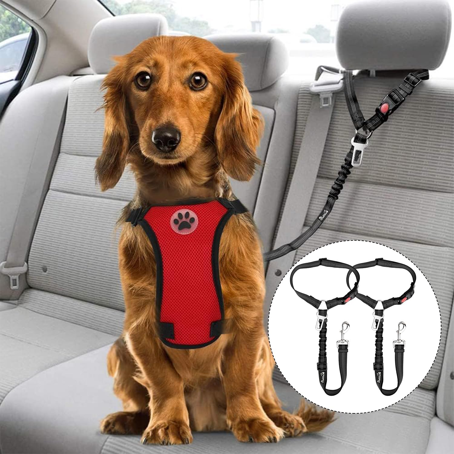 Lyfengdeam Dog Seat Belt for Car, 2 Pack Dog Car Harness Seatbelt Adjustable with Elastic Bungee Buffer, 2 in 1 Pet Car Leash Headrest Restraint Dog Reflective Safety Tether (Black) image number 6