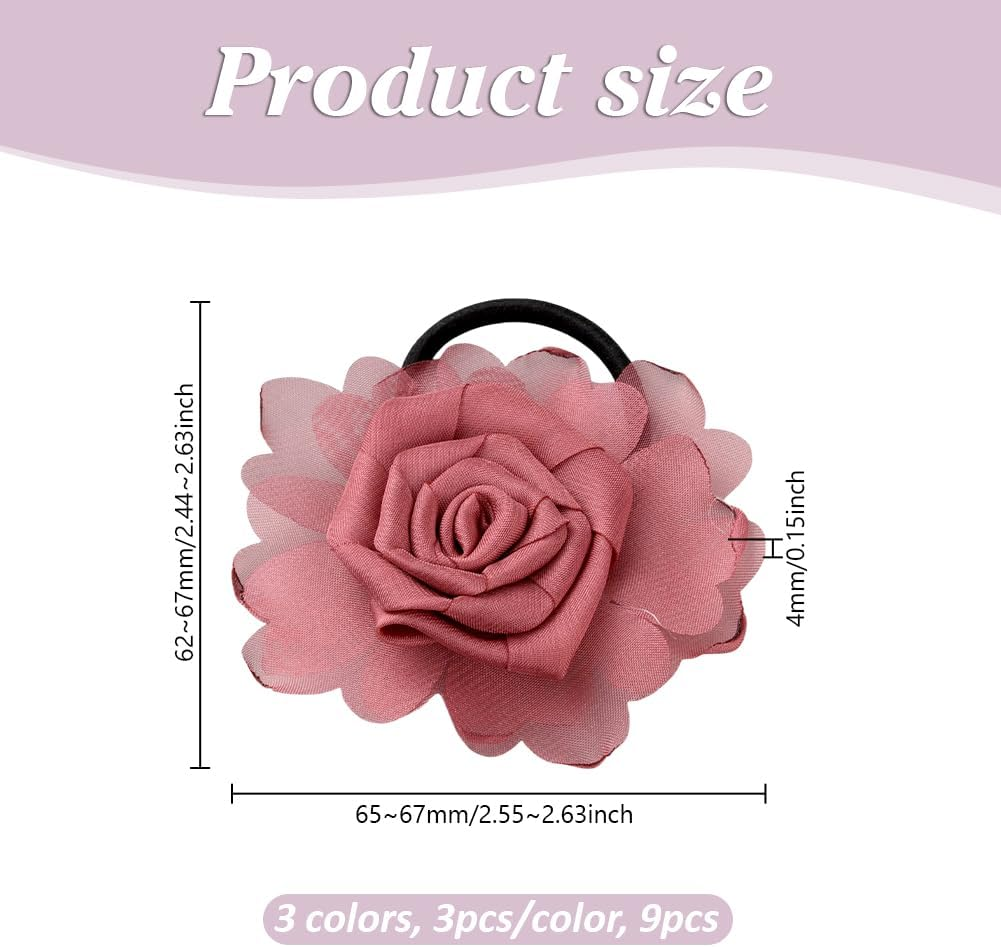 GOMAKERER 9 Pcs Flower Elastic Hair Ties, 3 Colors Floral Hair Bows Elastics Rubber Bands Scrunchy Hair Ties for Women Girls Wedding Bridal image number 2