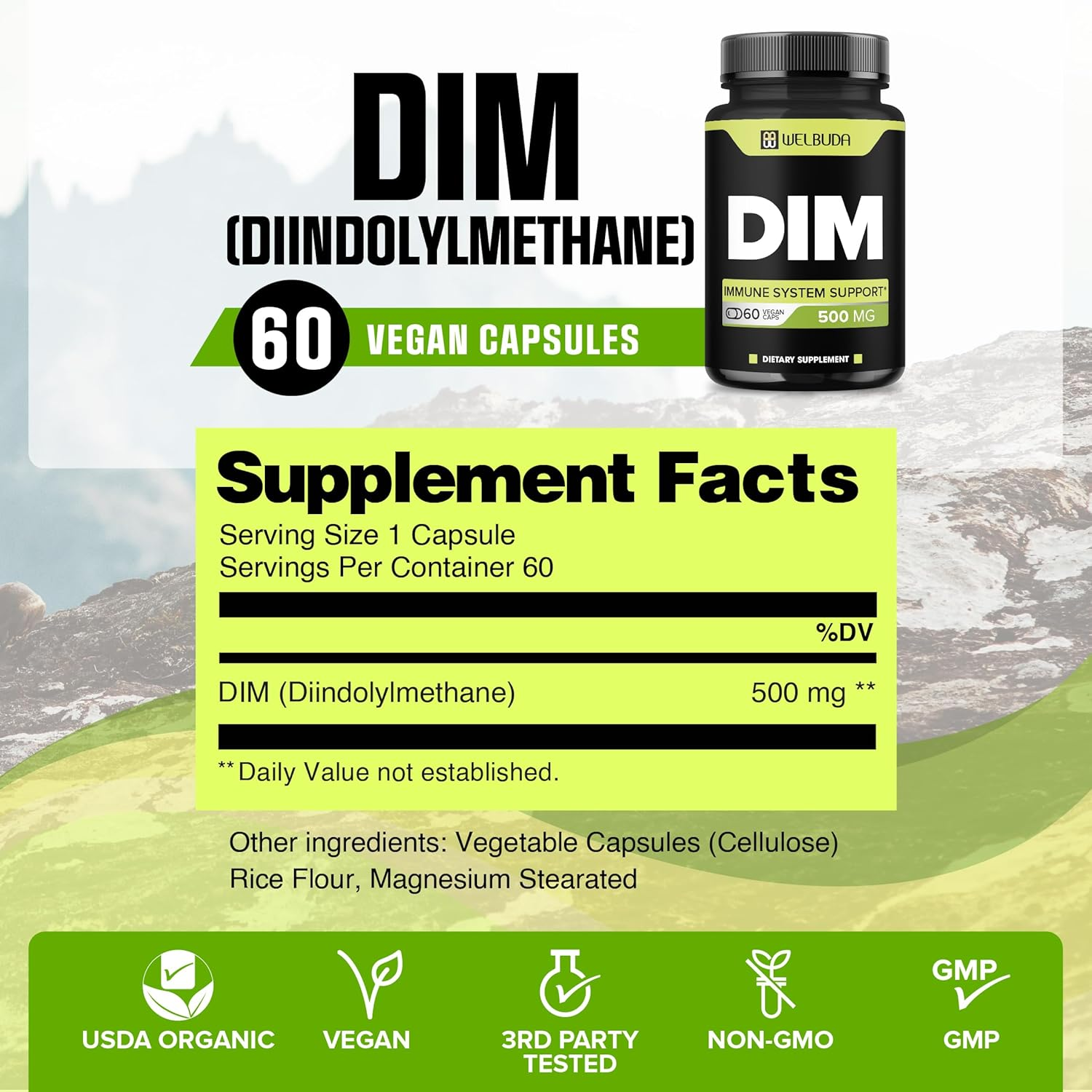 DIM Supplement 500Mg for Vital Body Support, Promoting Skin Health and Energy Production - 2 Month Supply with 60 High Absorption Capsules image number 3