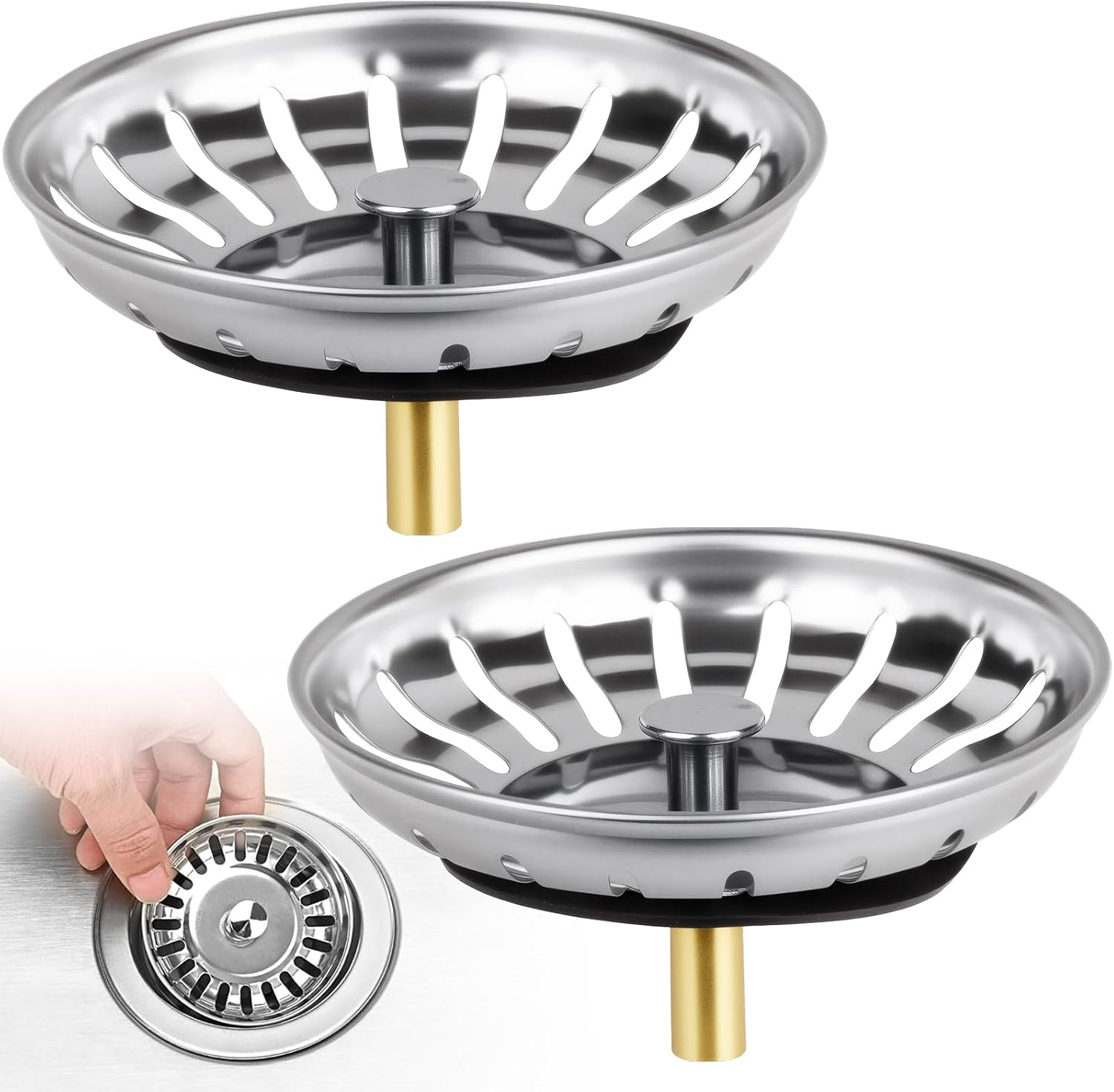 Sink Strainer Plug 304 Stainless Steel, Kitchen Waste Sink Plugger with Rubber Basket Filter & 20 Large Holes, Drain Filter Stopper Combo for Kitchen Bathroom Indoor Outdoor Use (2 Pcs, 82Mm) image number 2