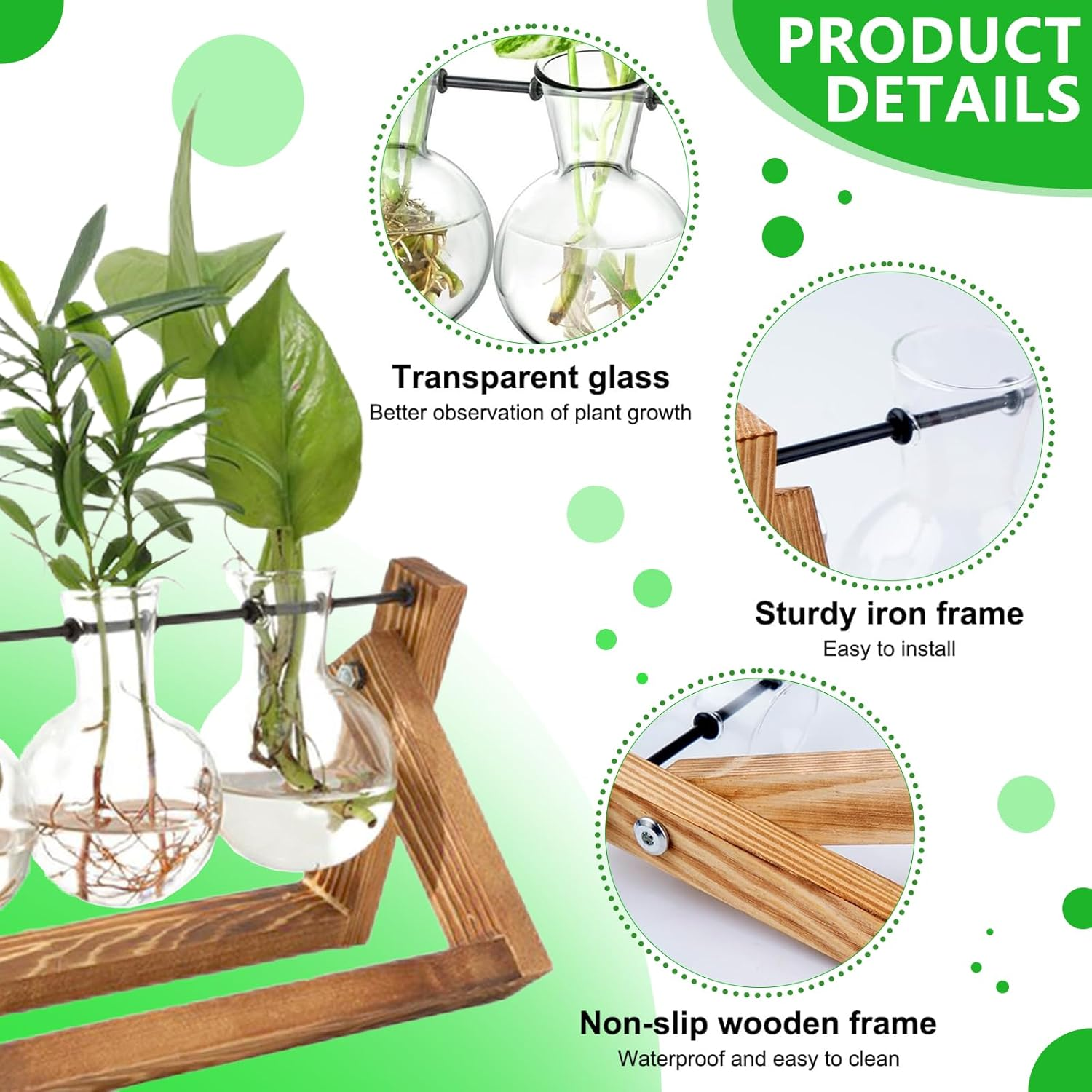 Propagation Station Plant Terrarium with Wooden Stand, Desktop Propagation Stations Glass Hydroponics Terrarium Planter Holder for Gardening Office Home Decor(3 Bulbs Vase) image number 1