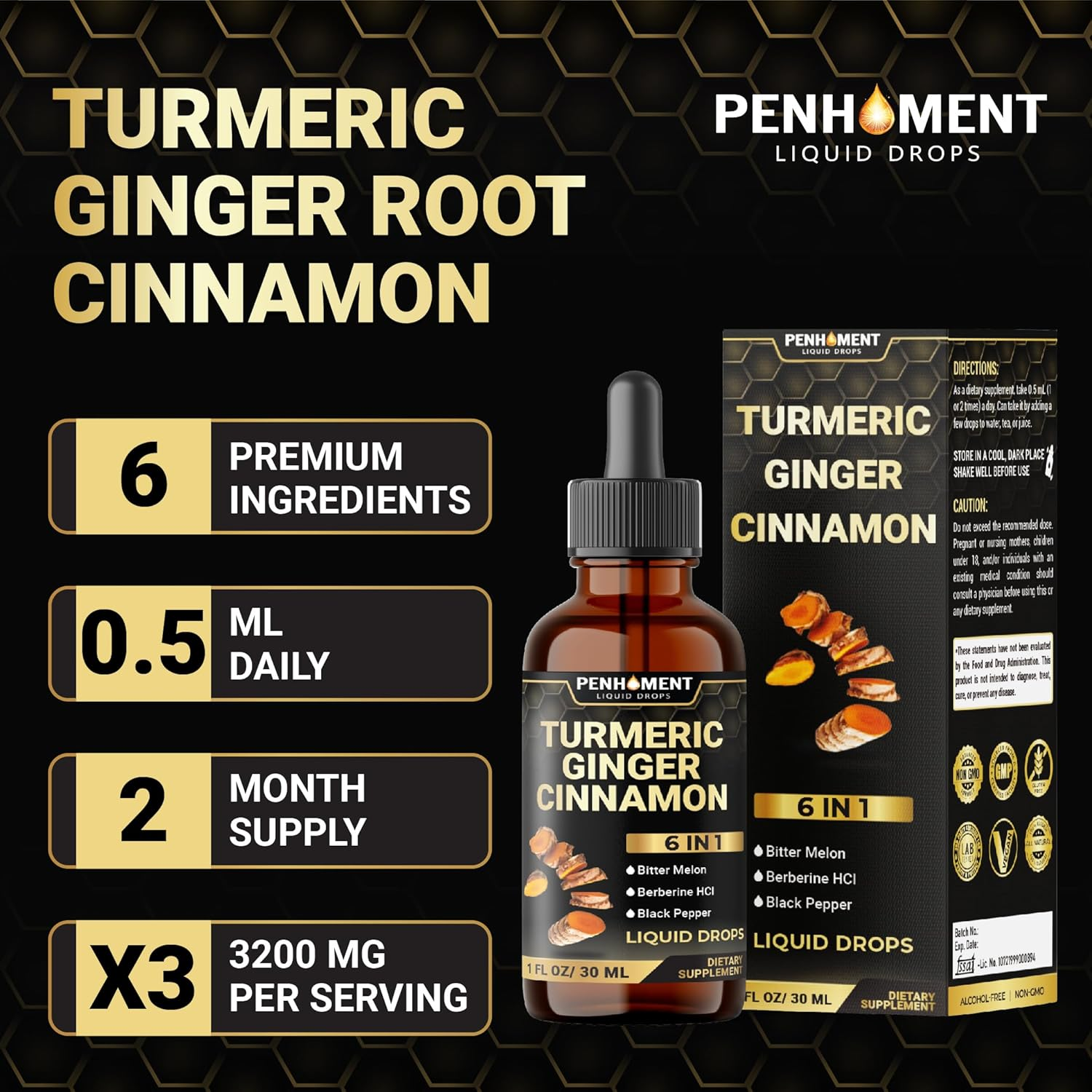 PENHOMENT 6In1 Liquid Turmeric Ceylon Cinnamon Berberine Ginger Bitter Melon & Black Pepper &ndash; Turmeric Supplement Drops for Digestive Health & Mobility &ndash; 1 FL OZ &ndash; 60 Servings