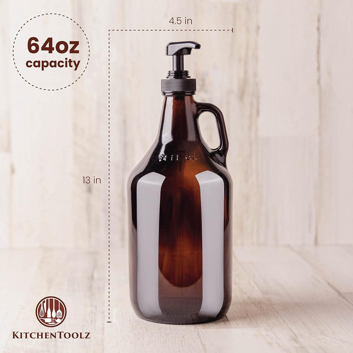 Half Gallon Glass Pump Dispenser Bottle, Large Jug with Pump for Laundry Soap Dispenser, Liquid Detergent, Fabric Softener, Syrup Pump - 64 Oz Capacity - Amber Bottle- Pack of 2, by Kitchentoolz image number 4