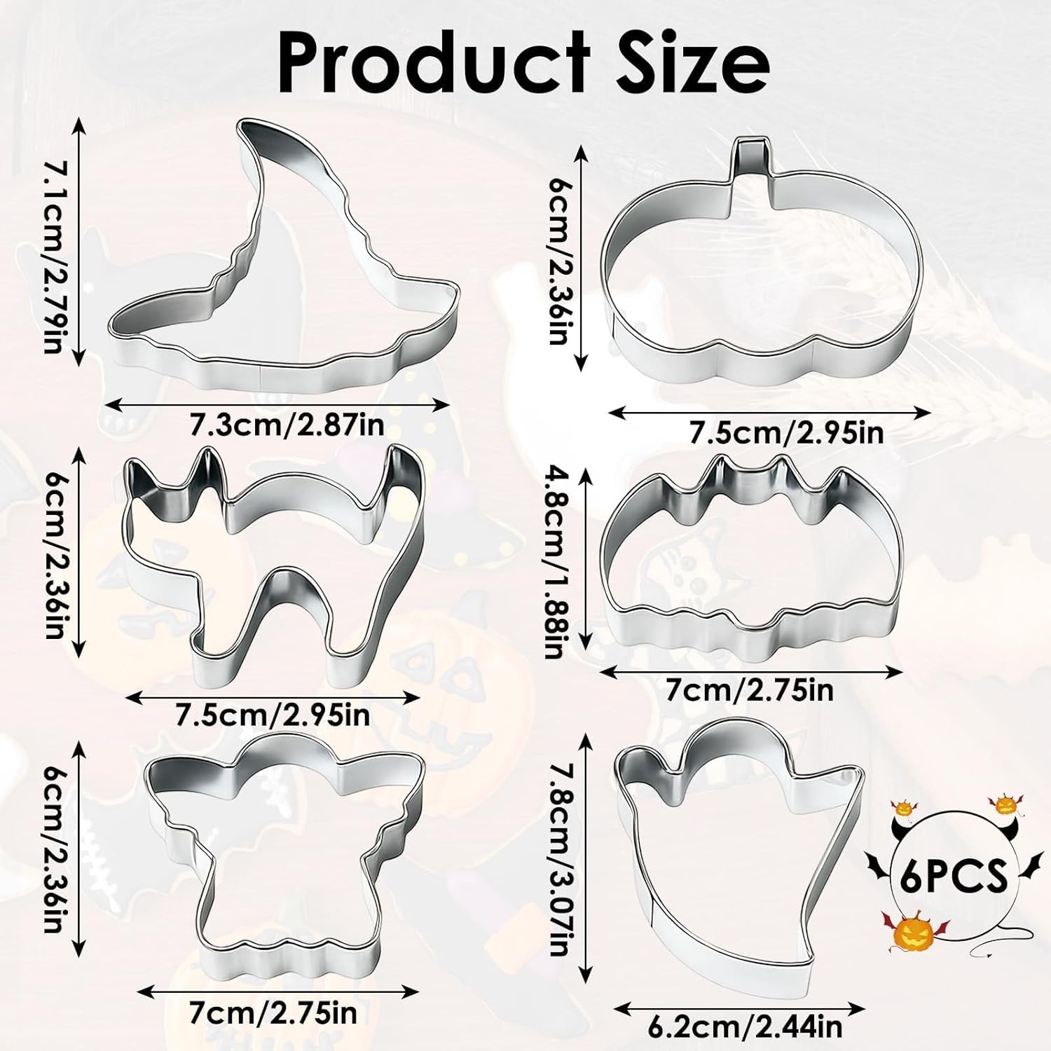 Halloween Cookie Cutters Set Large, 6 Pack Premium Stainless Steel Metal Cookie Cutters, Witch'S Hat, Pumpkin, Ghost, Bat, Tombstone and Cat Halloween Cookie Cutter (Silver) image number 6