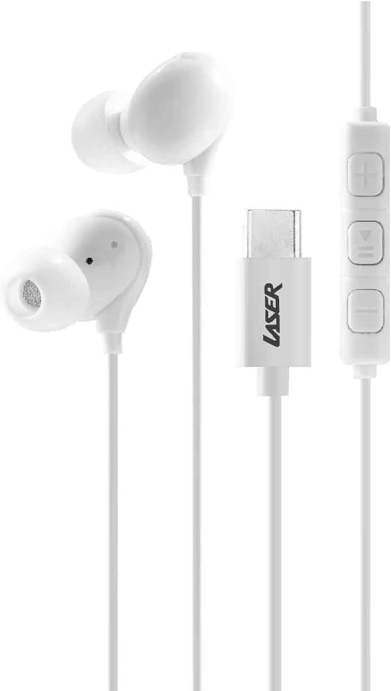 Laser Wired In-Ear Earphones with In-Line Controls, USB-C, Headphone, White