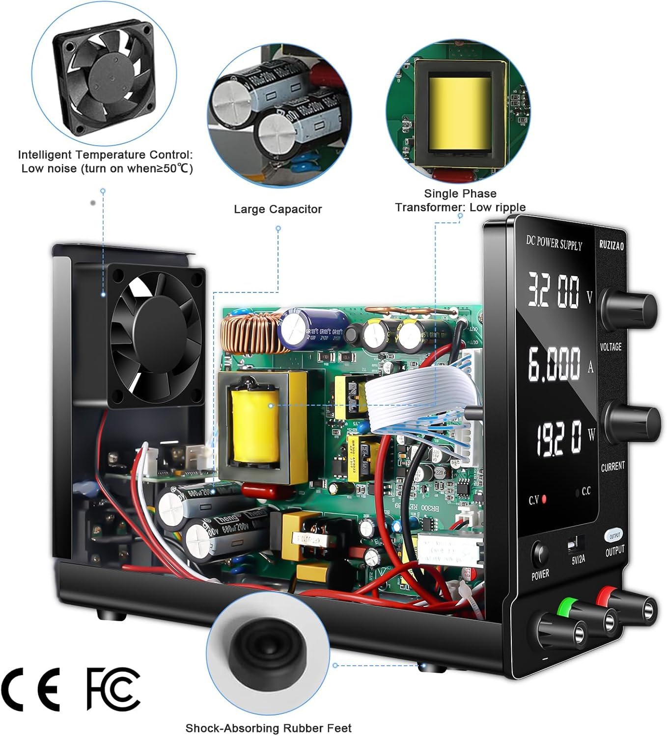 RUZIZAO DC Power Supply Variable, 30V 10A Adjustable Switching Regulated with Encoder Adjustments Knob, Lab Bench Output Button 5V/2A USB Interface Battery Charger (AC 240V) image number 5