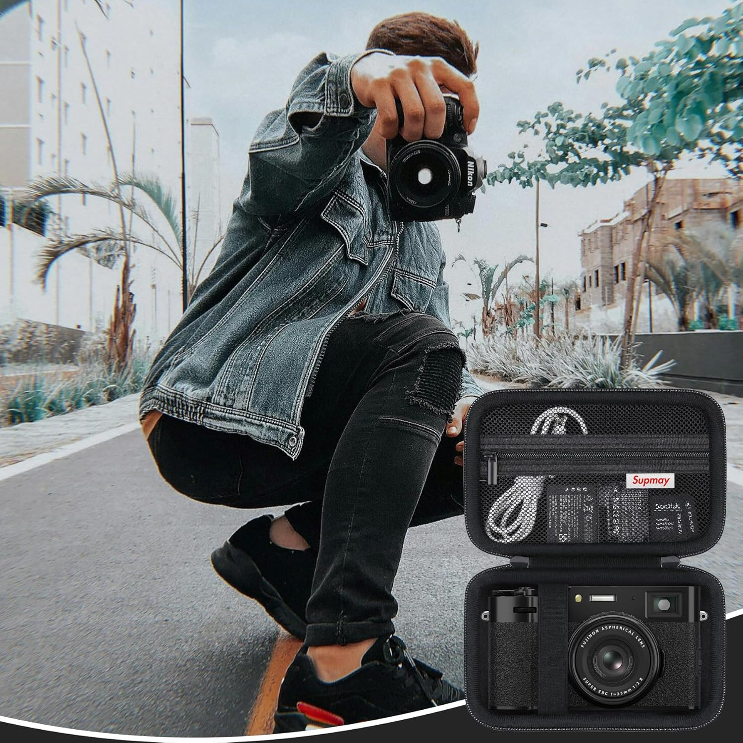 Supmay Hard Travel Case for Fujifilm X-E5 / X100VI / X100V Digital Camera, Digital Camera Storage Case with Mesh Pocket for Batteries, SD Card, USB Cable, Black image number 1