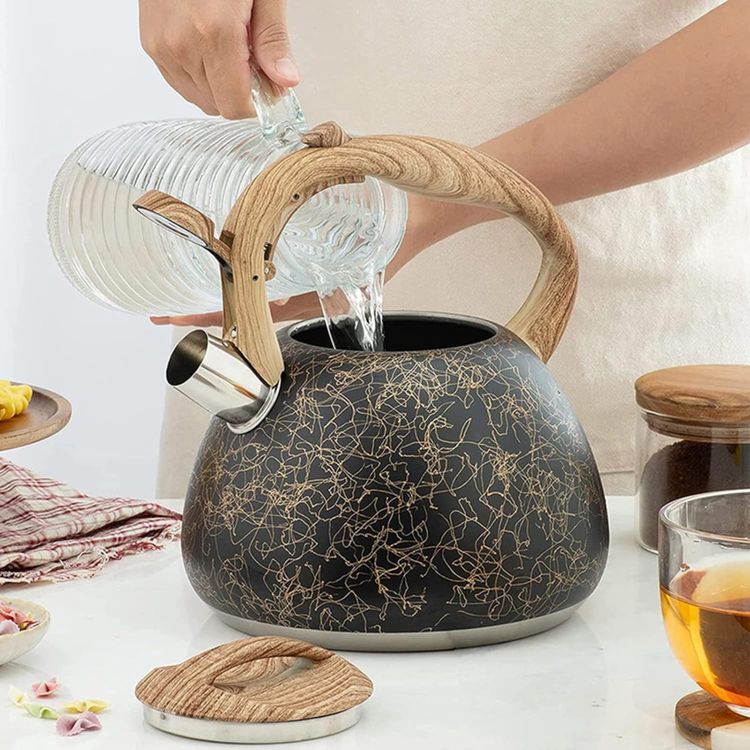 Stove Kettle， Gold Line Pattern Wood Grain Handle Stovetop Whistling Teapot, Home Kitchen Coffee Pot, Kettles, Tea Espresso Appliances image number 3