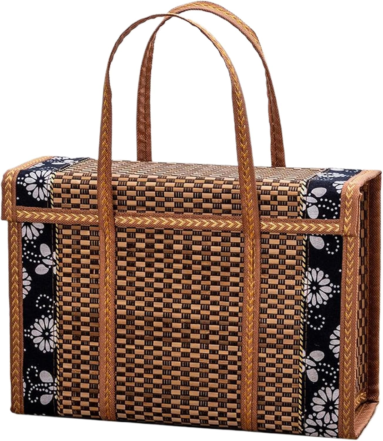 Bamboo Shopping Basket with Lid 14X6X10 Foldable Woven Picnic Bag with Floral Trim & Carry Handle image number 2
