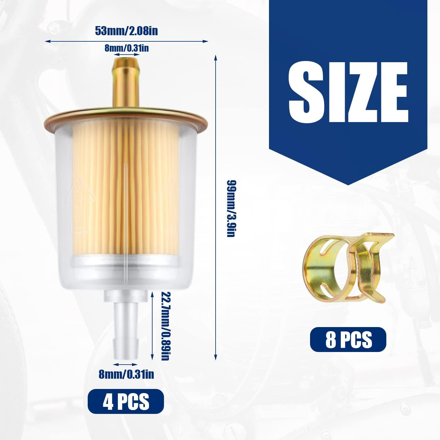 SAVITA 4Pcs 3/8" Universal Fuel Filters, Motorcycle Fuel Filter Inline Fuel Filter with 8Pcs Hose Clamps for Motorcycles Cars Generator Trucks Universal image number 2