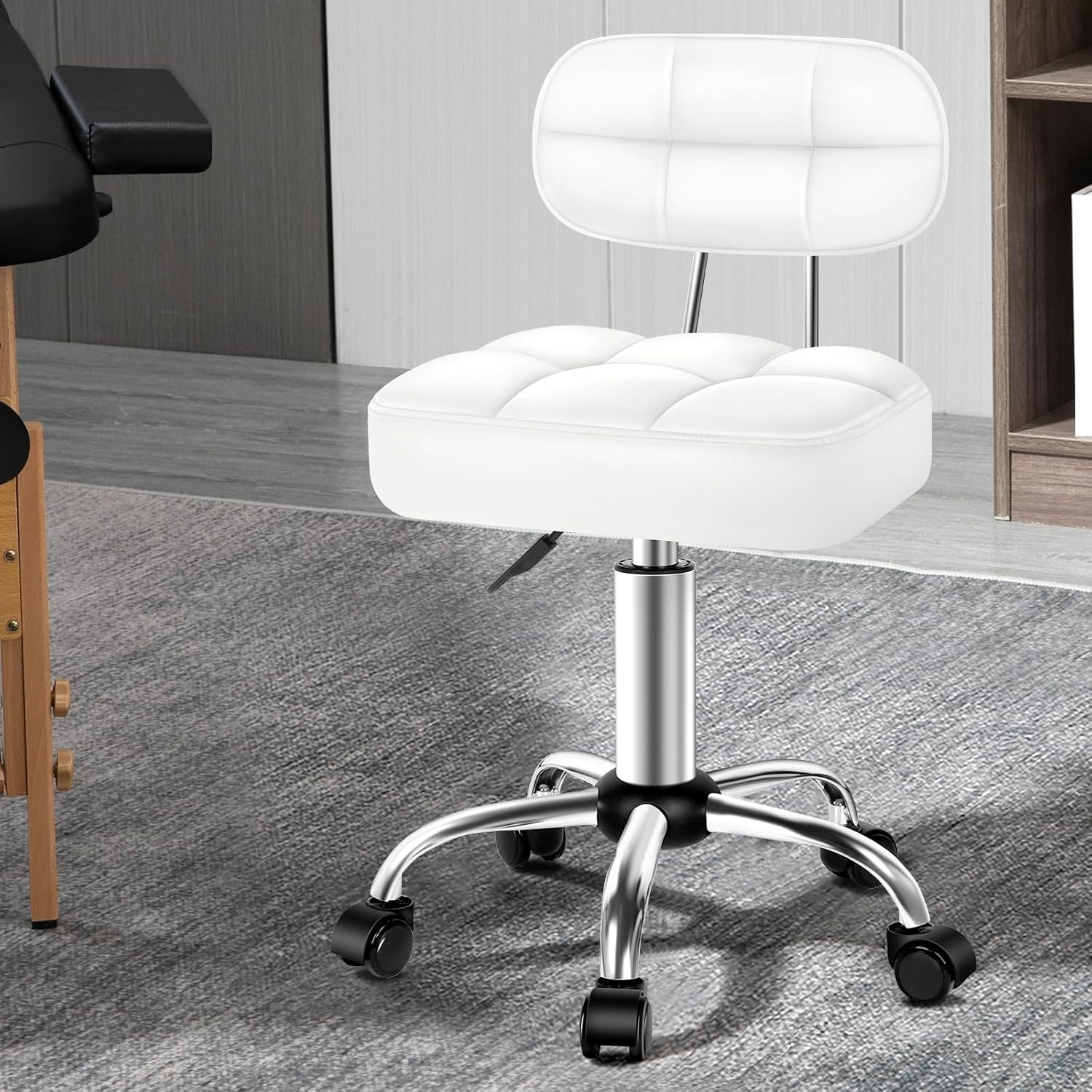ALFORDSON PU Leather Salon Stool with Backrest Tufan Series, Office Drafting Rolling Stools in 49-64.5Cm Adjustable Height, Swivel Spa Chair with Rolling Wheels for Massage Table, White image number 3