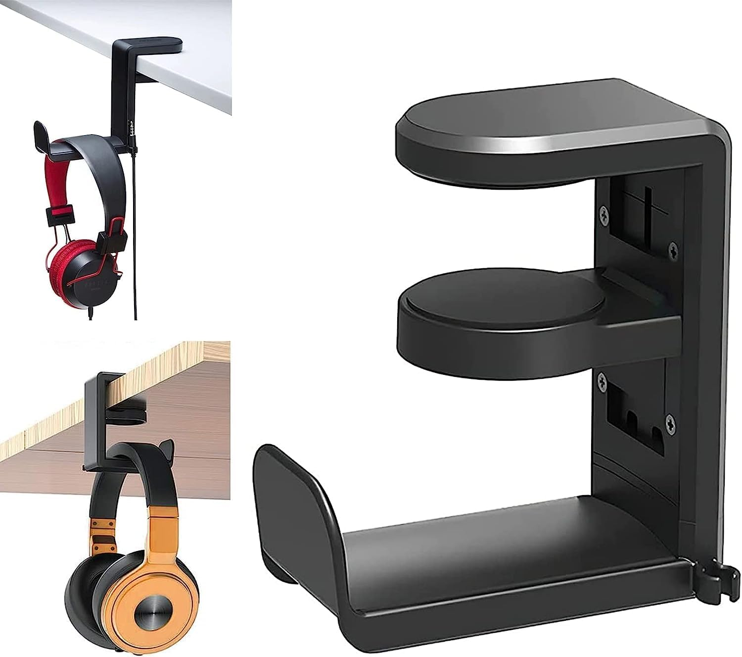Headset Headphone Stand, Headset Hanger Holder, 360 Degree Rotation Adjustable Gaming Earphone Hook under Desk Mount Headset Clamp with Cable Organizer Clip-Black image number 5