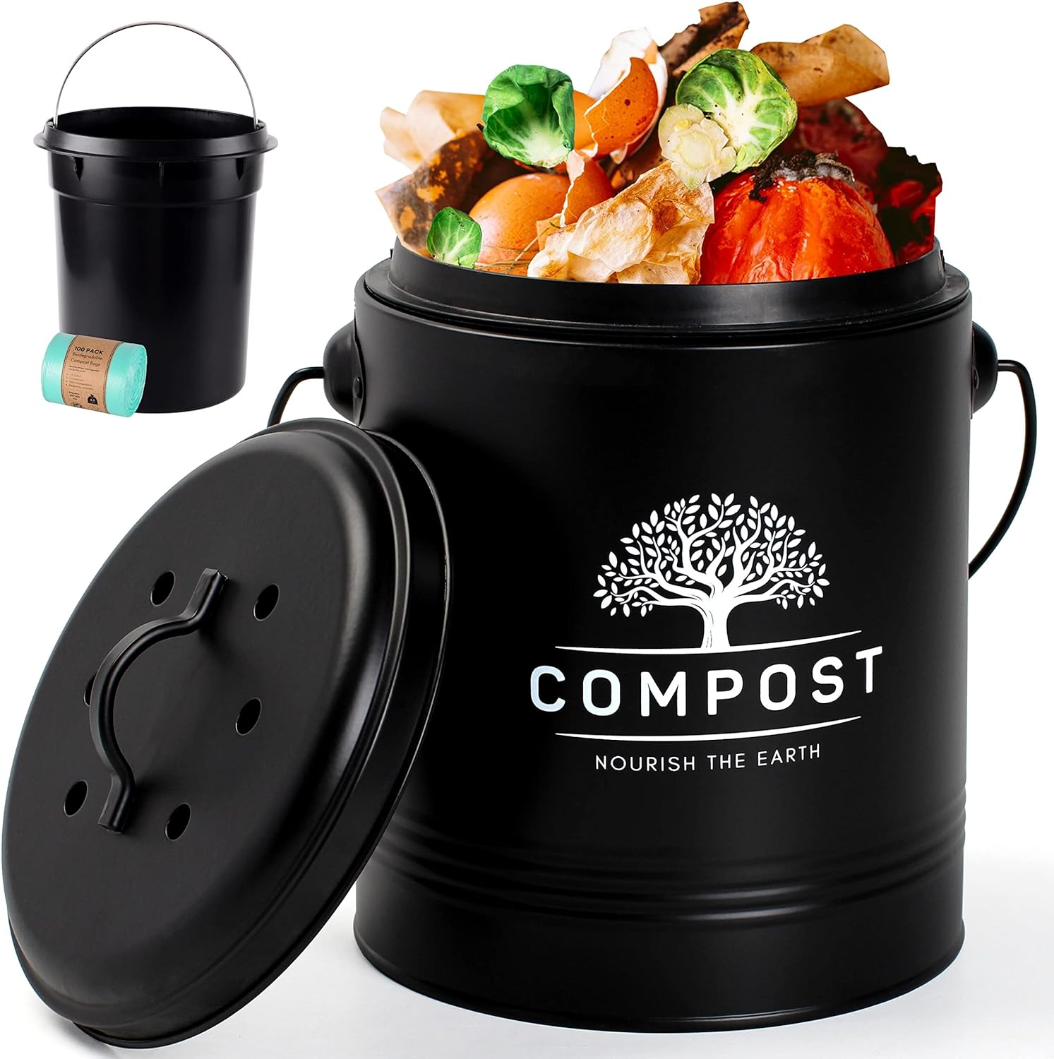 Perfnique Kitchen Compost Bin, 1.3 Gallon Countertop Compost Bin with Lid, Indoor Compost Bucket Includes Inner Bucket Liner and Carbon Filter, Small Compost Bin with Trash Bags