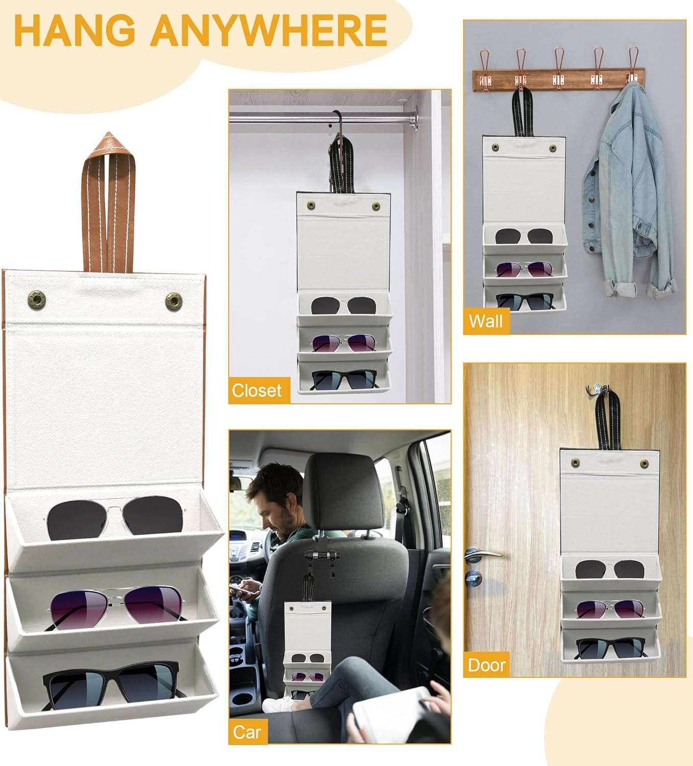 YOKONICO 2Pack Sunglasses Organizer Travel Case Foldable 3 Slots Glasses Organiser Portable Eyeglasses Storage Wall-Mounted Sunglasses Rack Hanging Storage Box Classic Durable for Women and Men - Brown image number 5