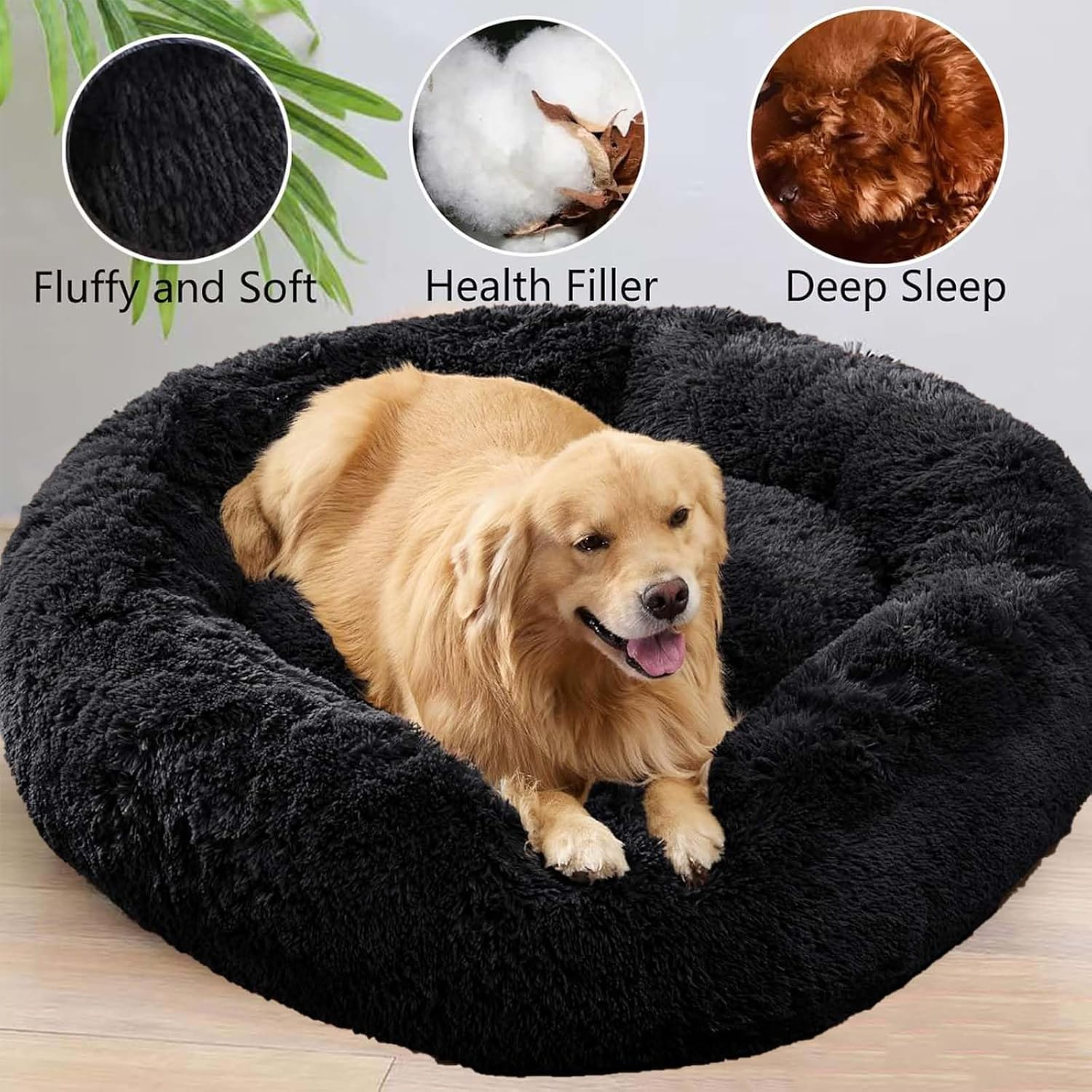 Calming Dog Bed for Small Medium Dogs,80Cm Anti-Anxiety Donut Dog Cat Cuddler Bed Machine Washable Fluffy Luxury Anti-Slip Waterproof Mute Base Warming Cozy Soft Pet round Bed-Black image number 1